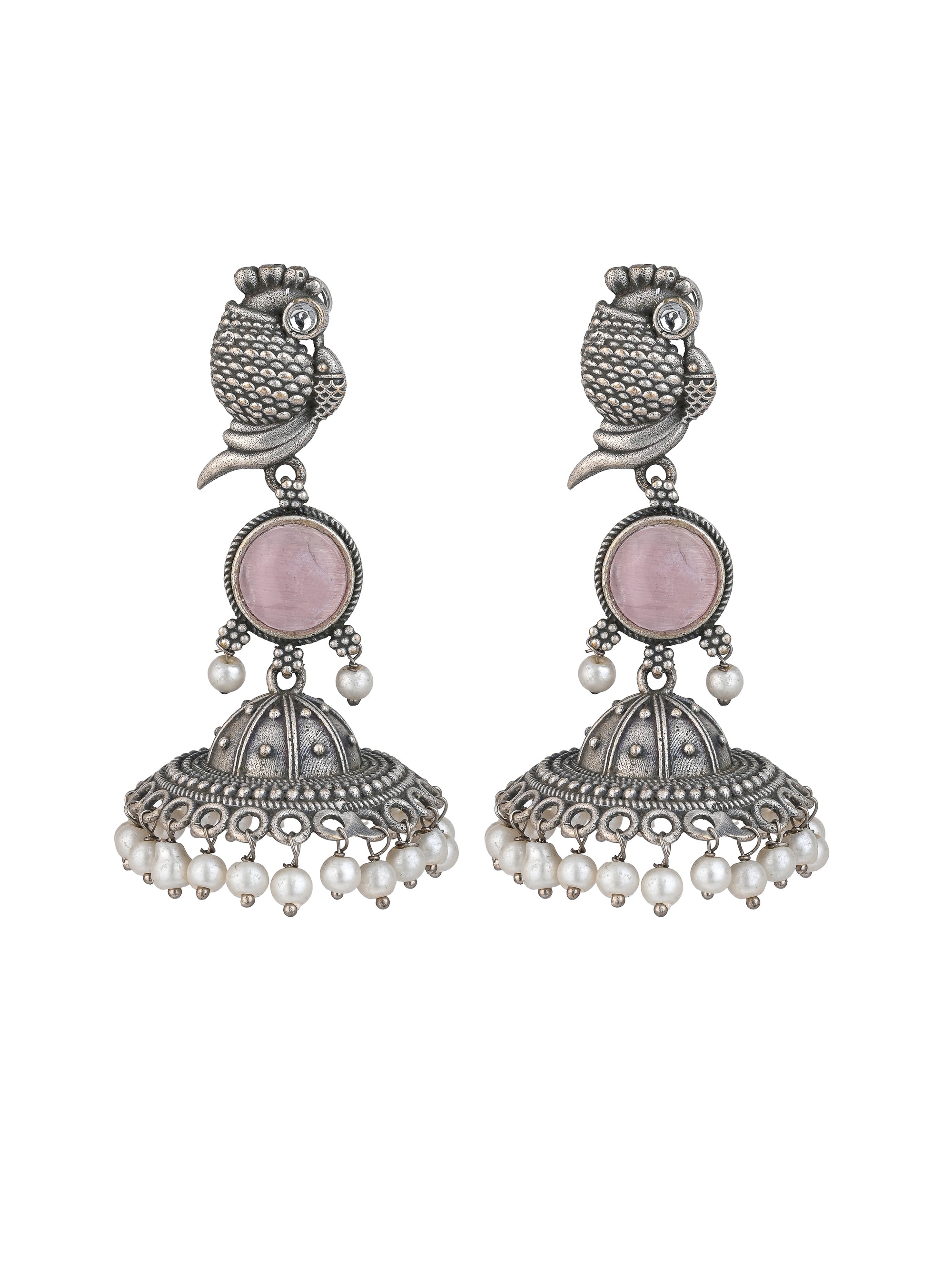MAURYANA - Oxidised silver pink stone pair of jhumka earrings - 2.5 inches