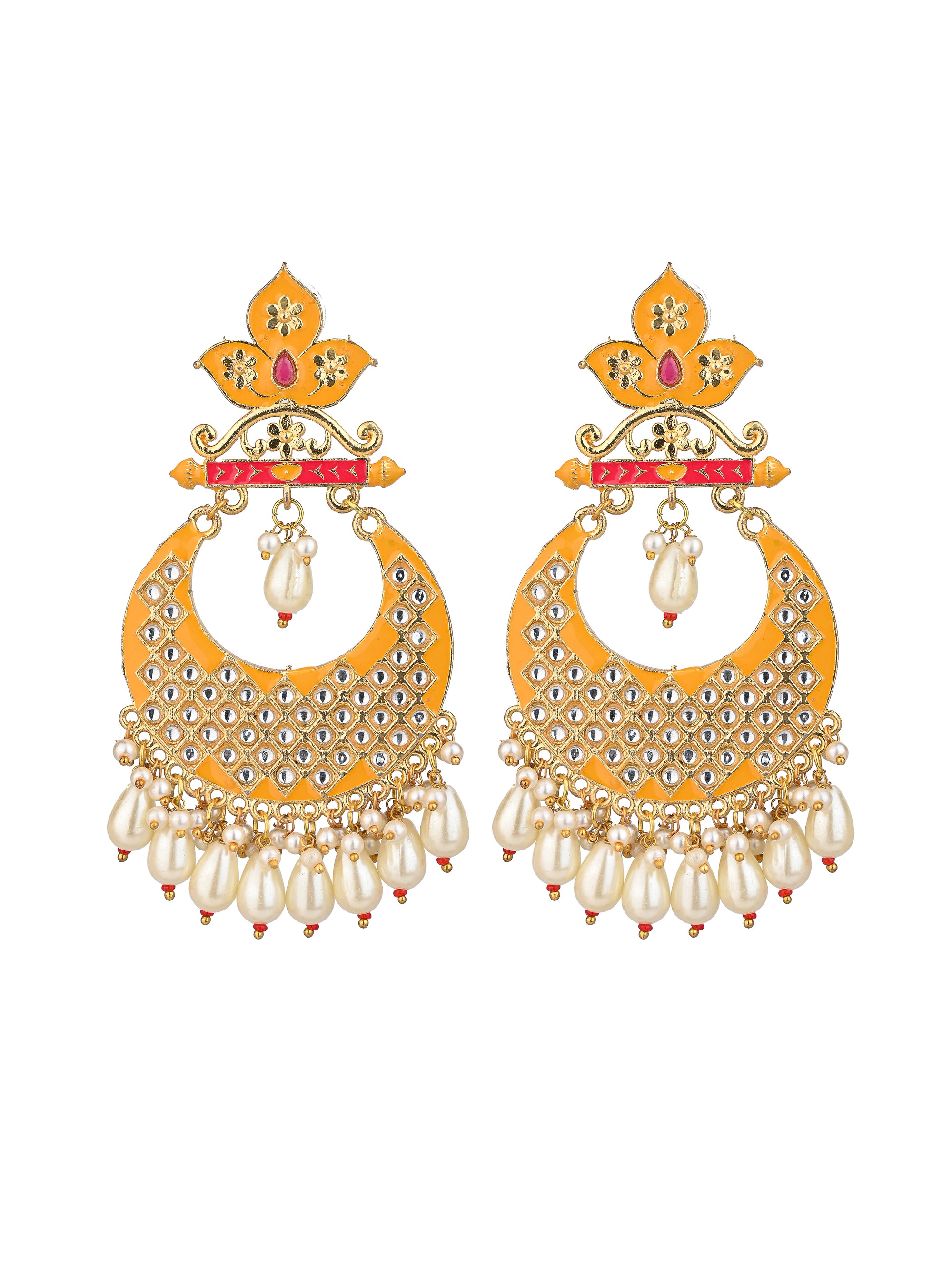 MAURYANA - Kundan mina yellow color festive design pair of earrings