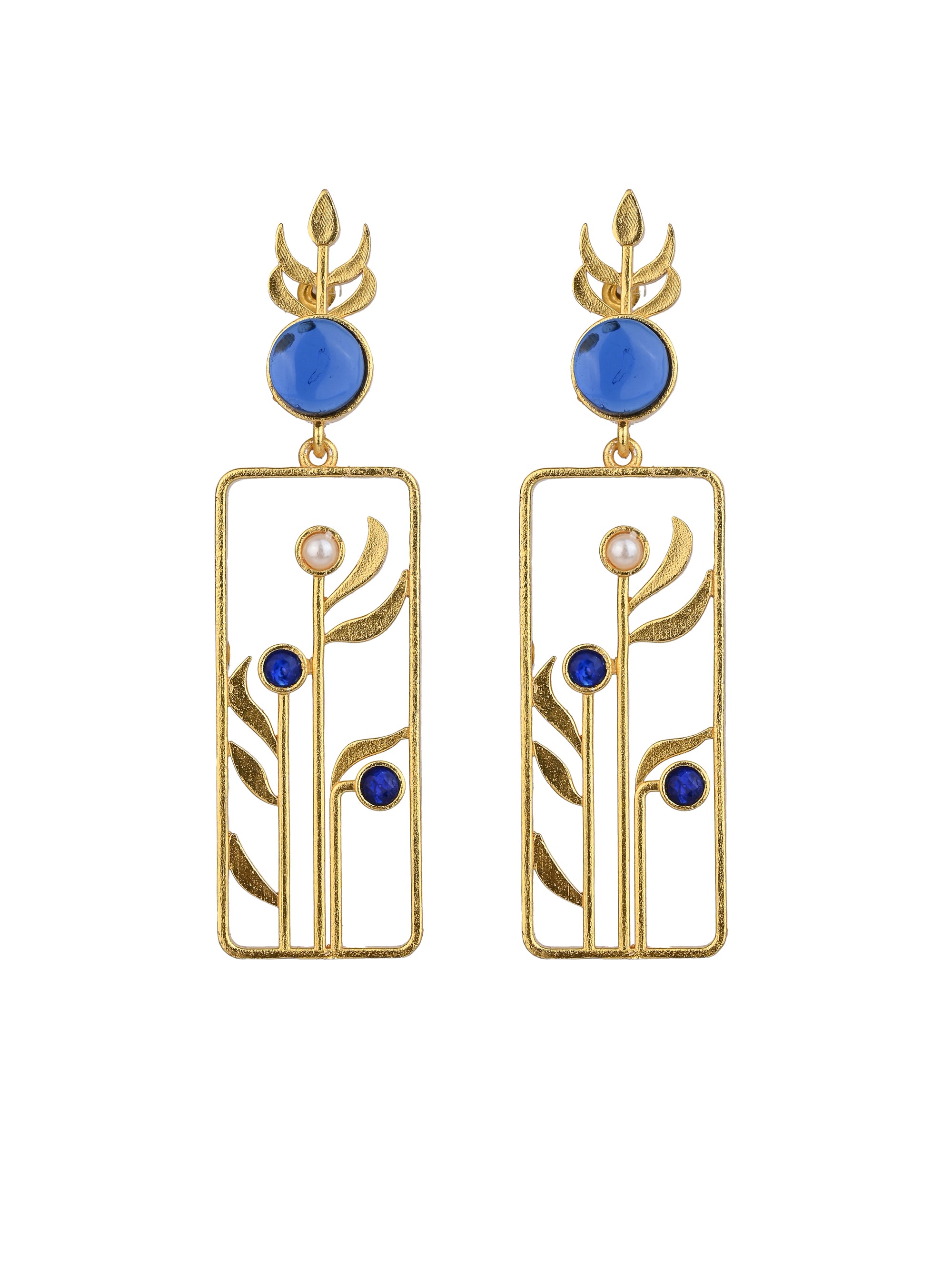MAURYANA - Modern Geometric Design Blue Stone Decorated Earrings