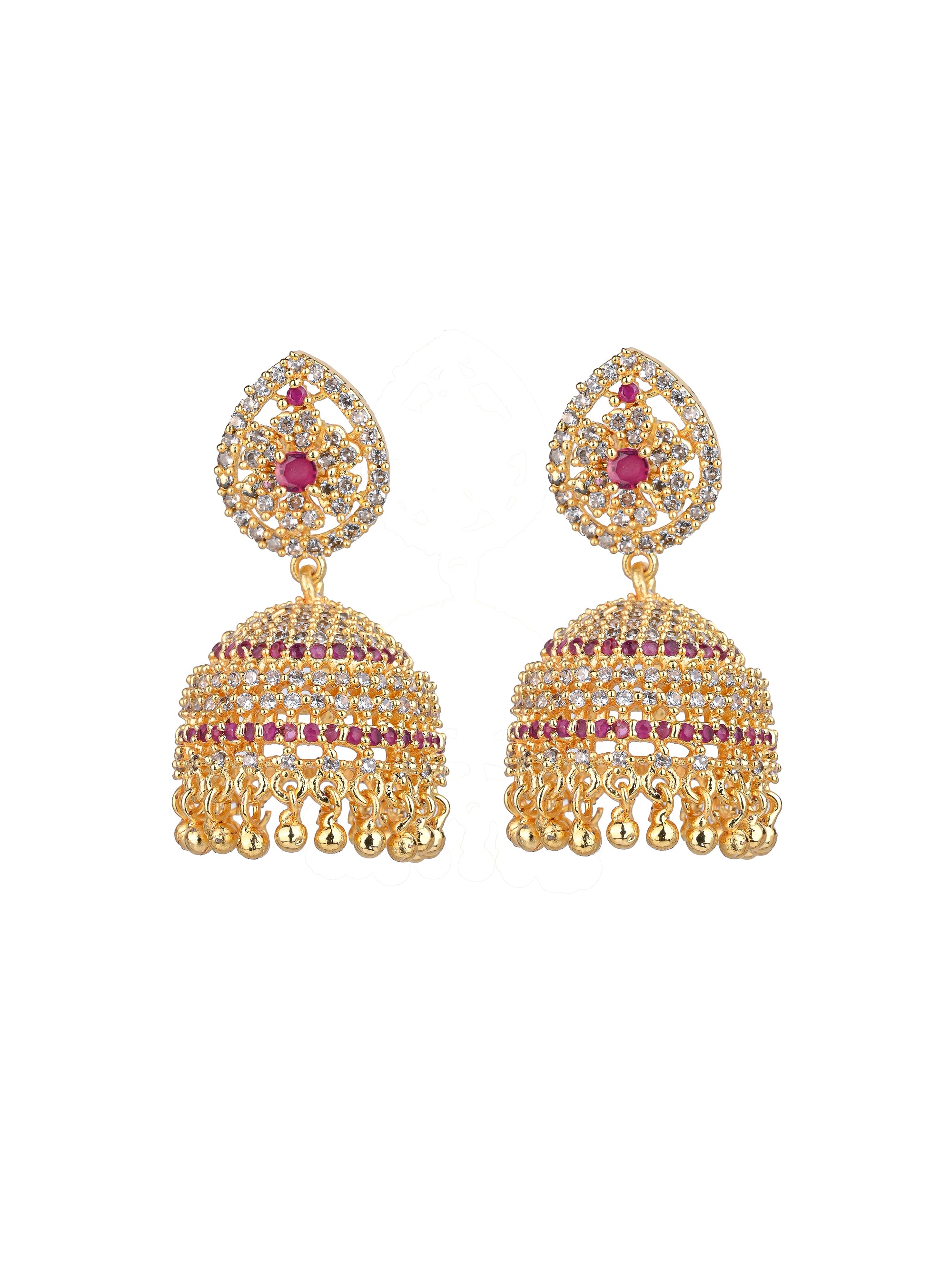 MAURYANA - Kundan mina golden jhumka earrings with red stone decoration