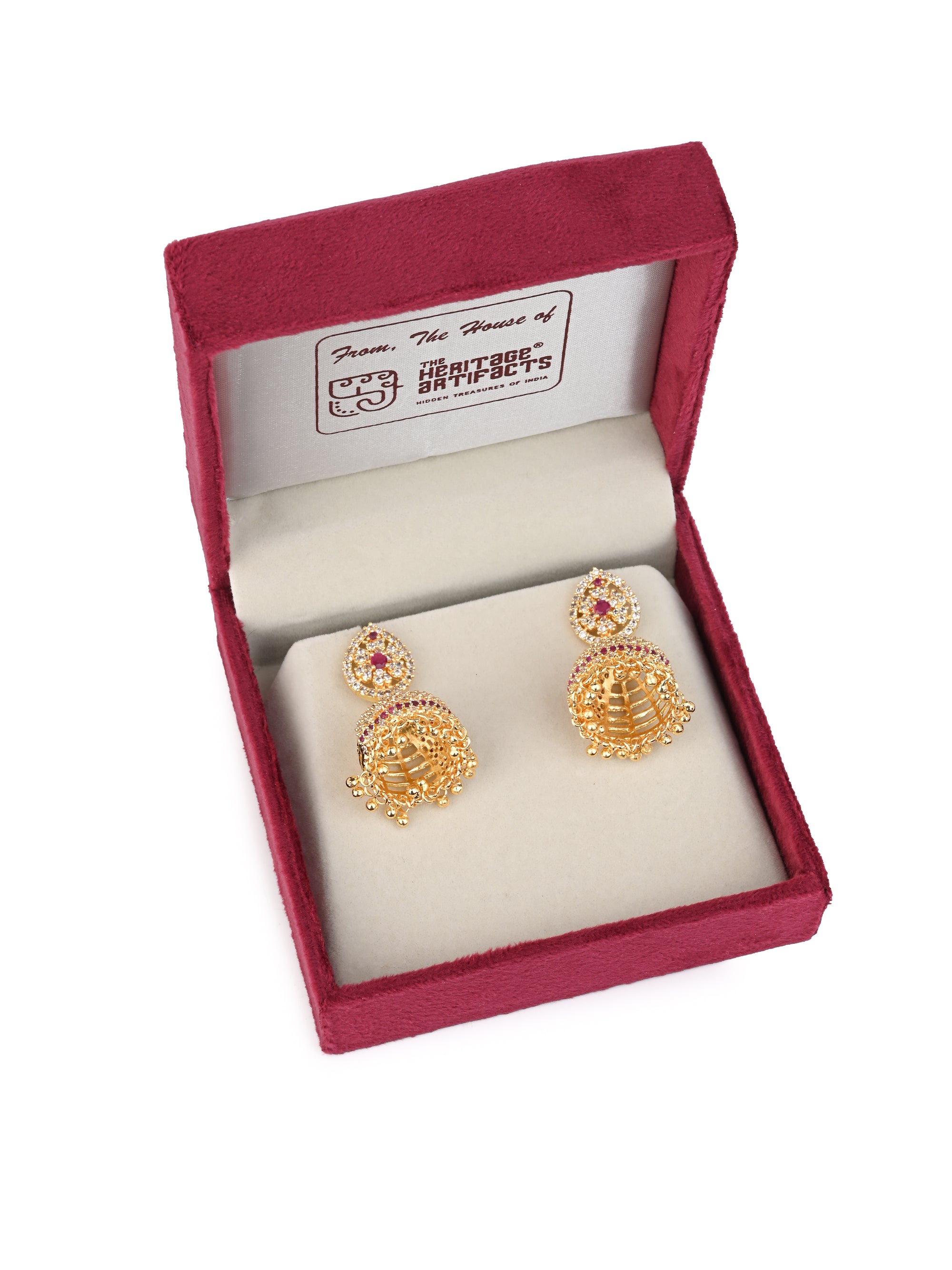 MAURYANA - Kundan mina golden jhumka earrings with red stone decoration