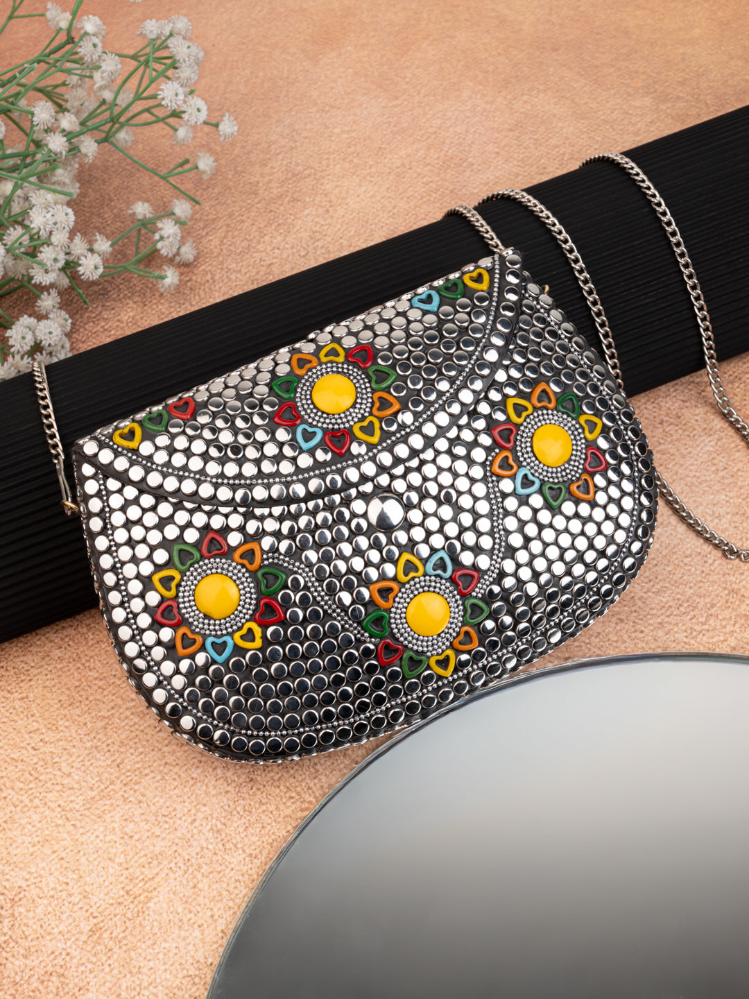 Stainless steel embellished colorful metal clutch