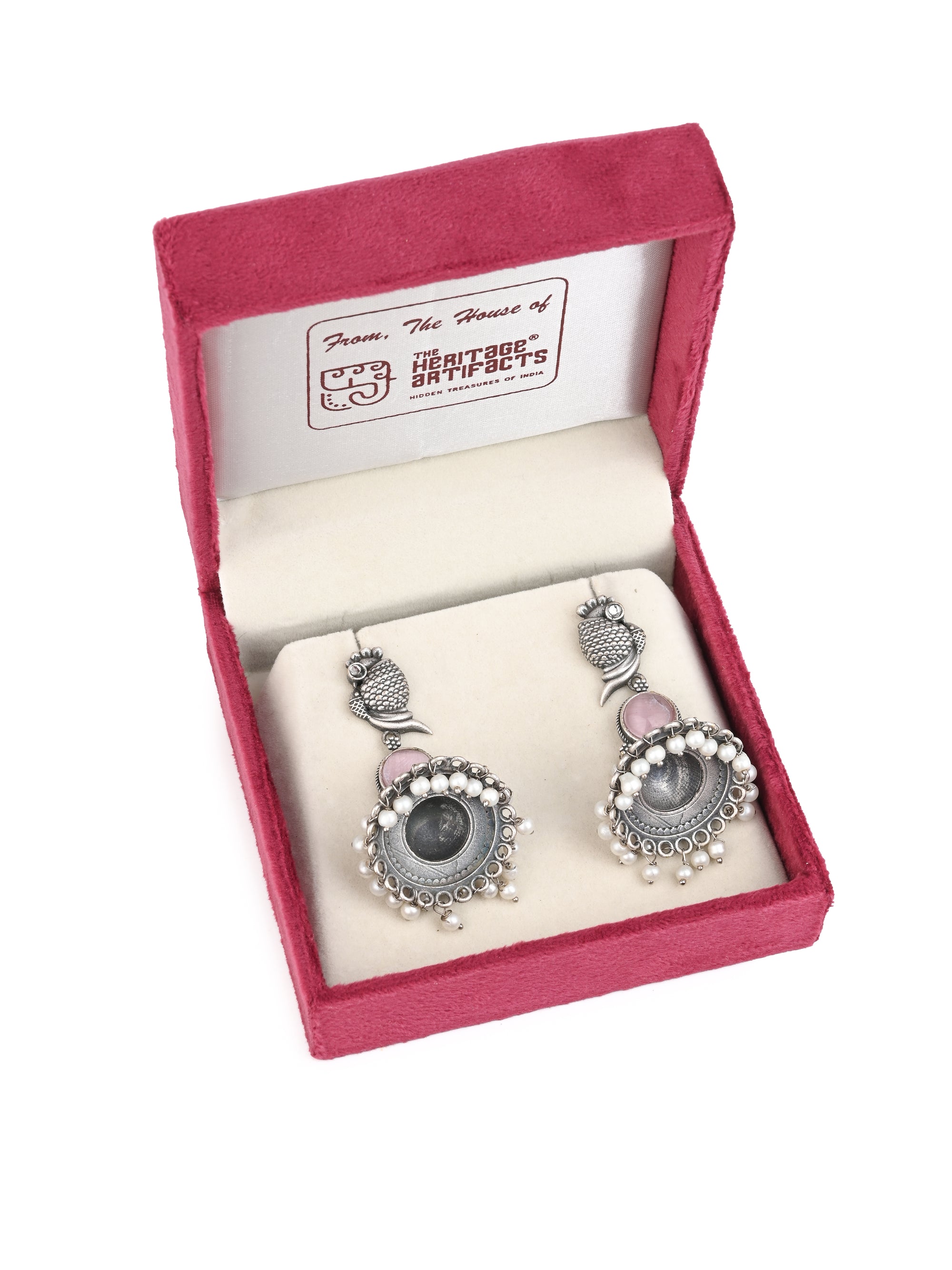 MAURYANA - Oxidised silver pink stone pair of jhumka earrings - 2.5 inches