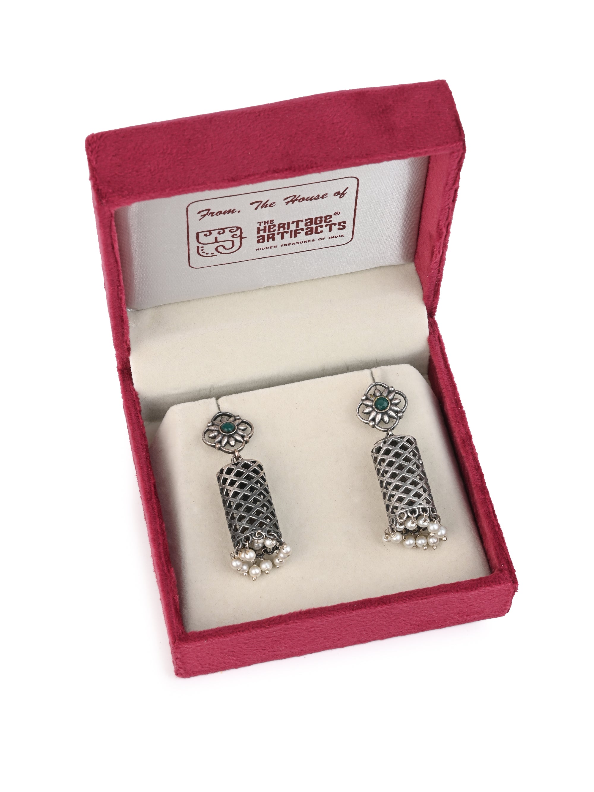 MAURYANA - Oxidised silver hanging cylindrical design pair of earrings