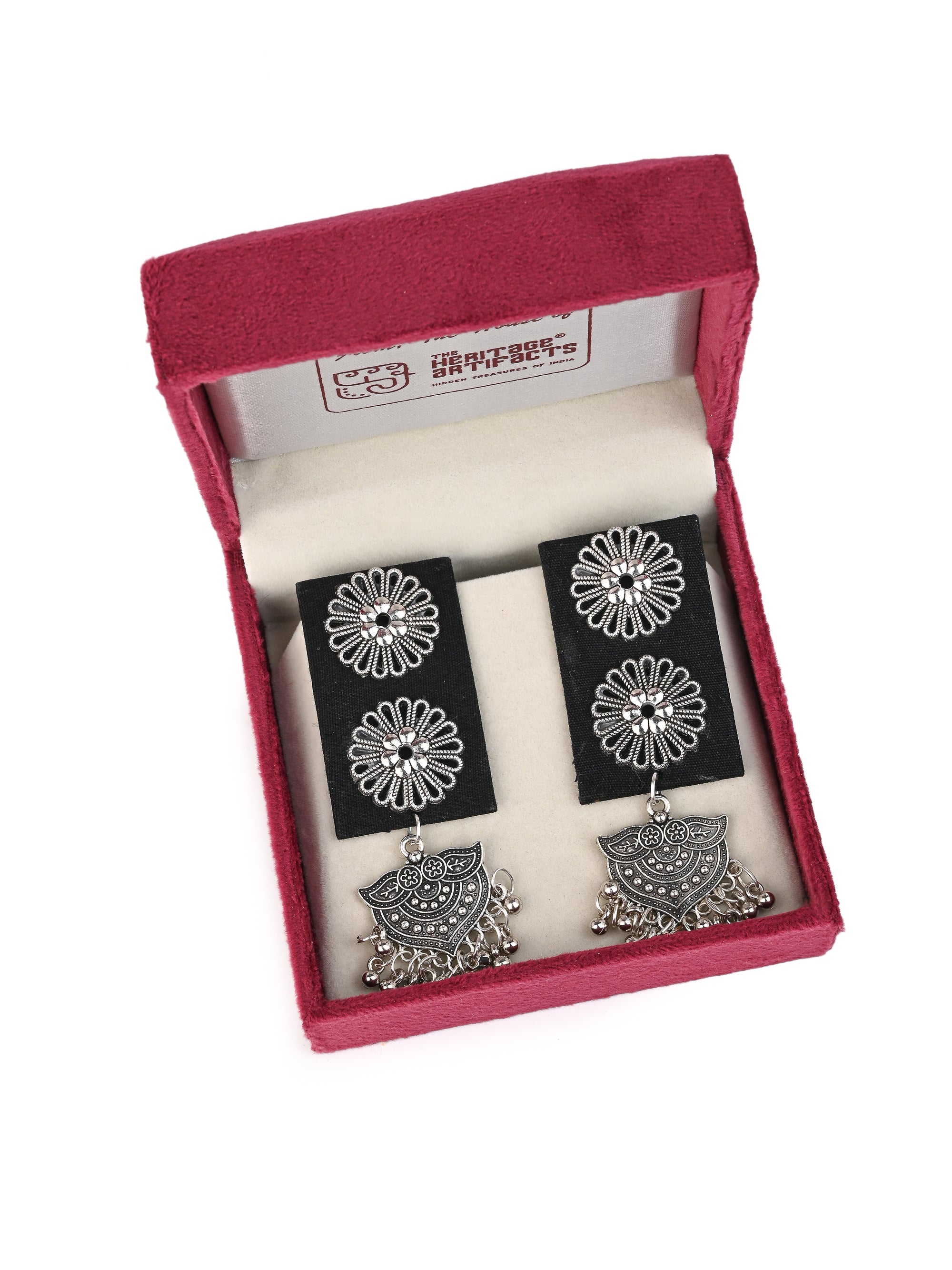 MAURYANA - Black fabric earrings pair with beautiful metal embellishments
