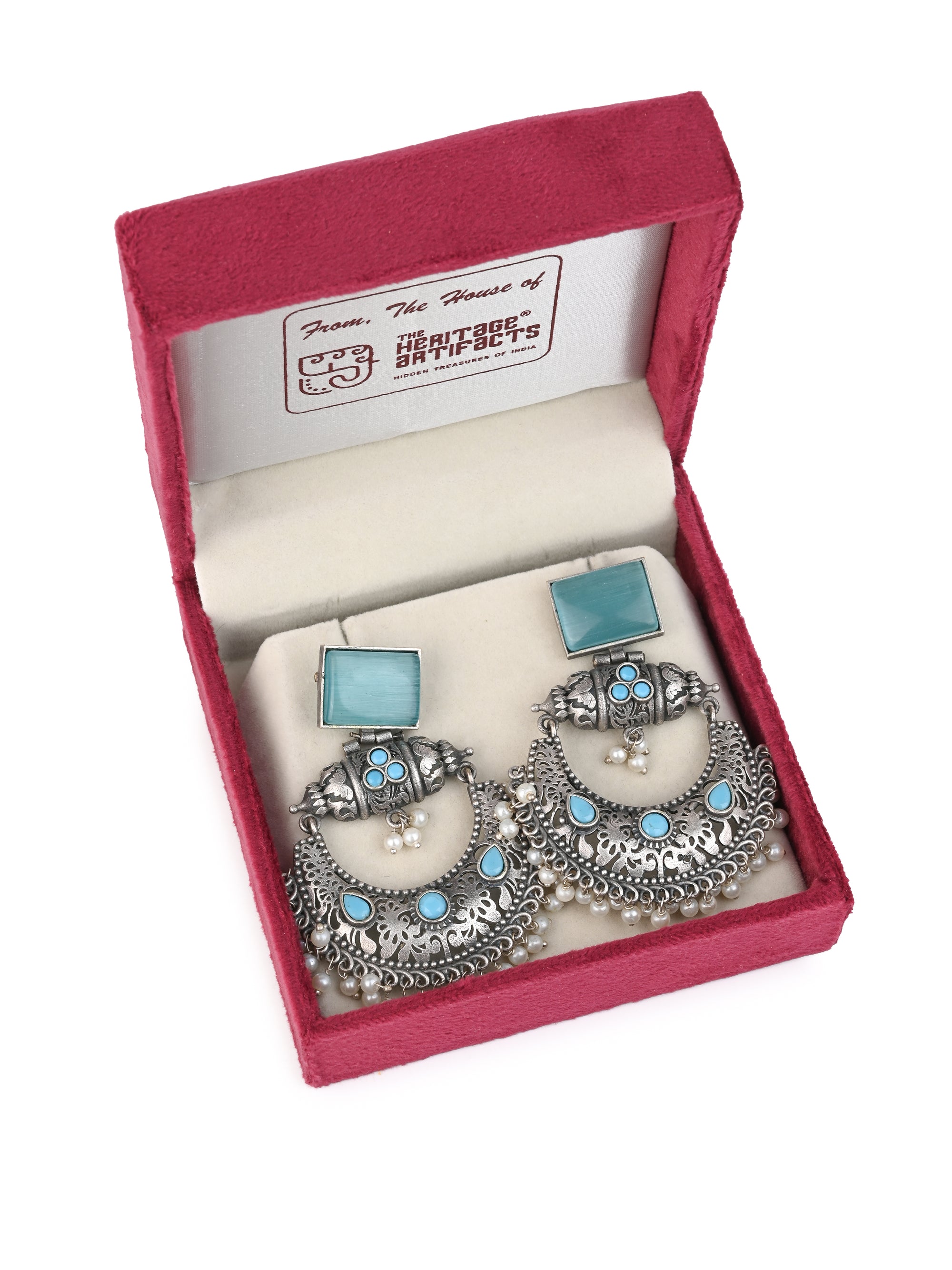 MAURYANA - Oxidised silver and blue stone studded royal pair of earrings