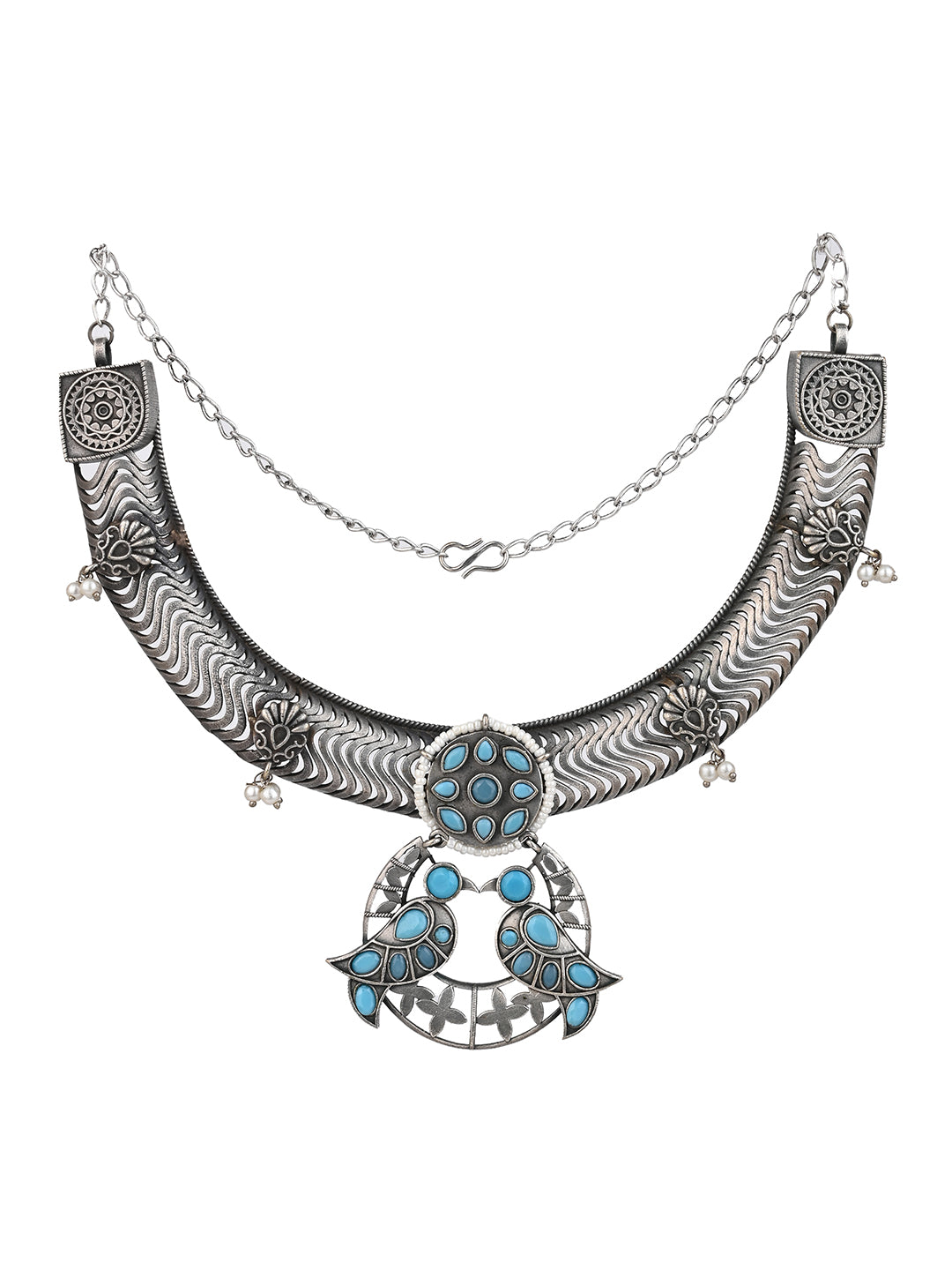 MAURYANA - Oxidised Silver hasuli necklace, pair of birds design- one size