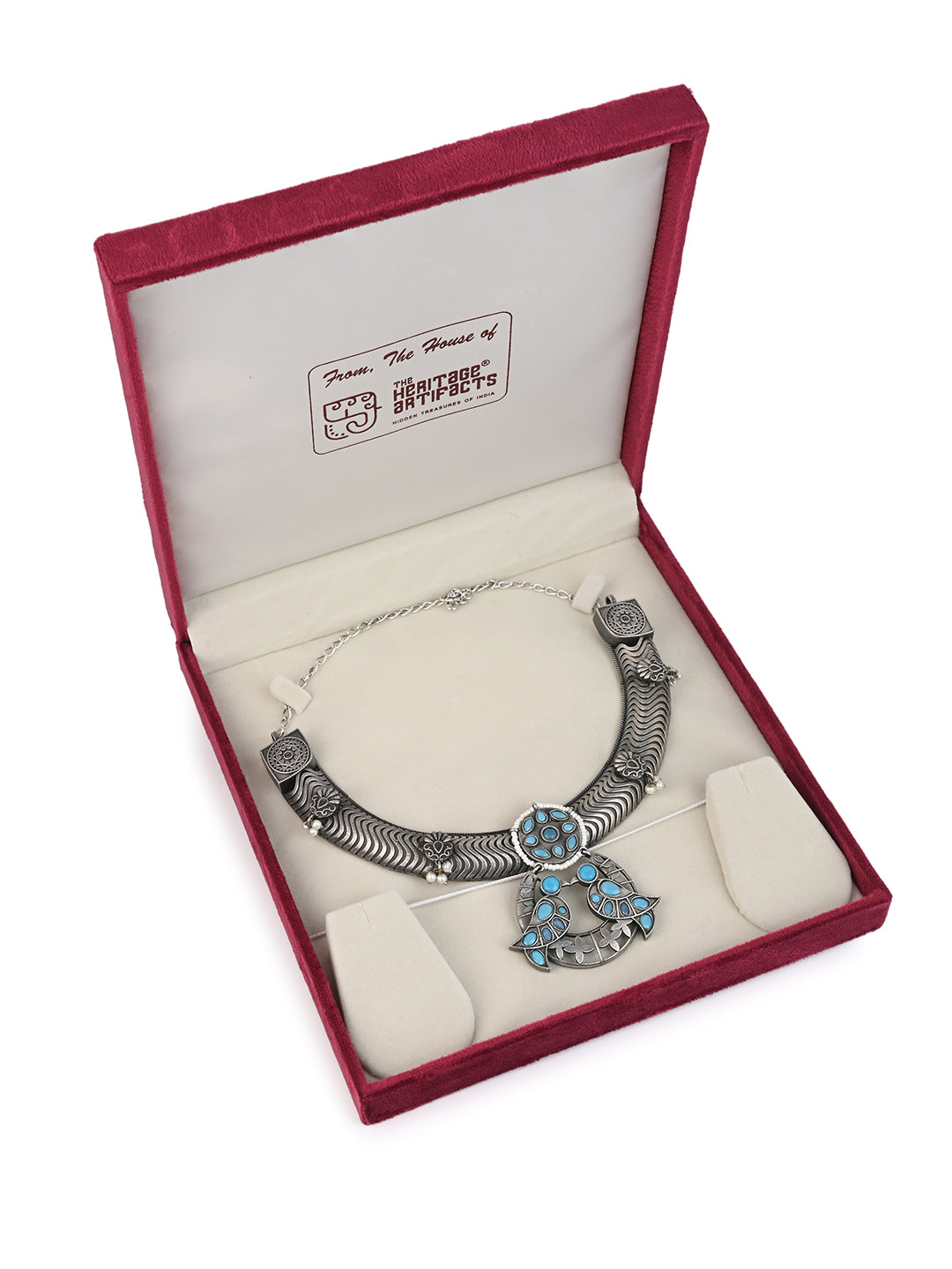 MAURYANA - Oxidised Silver hasuli necklace, pair of birds design- one size