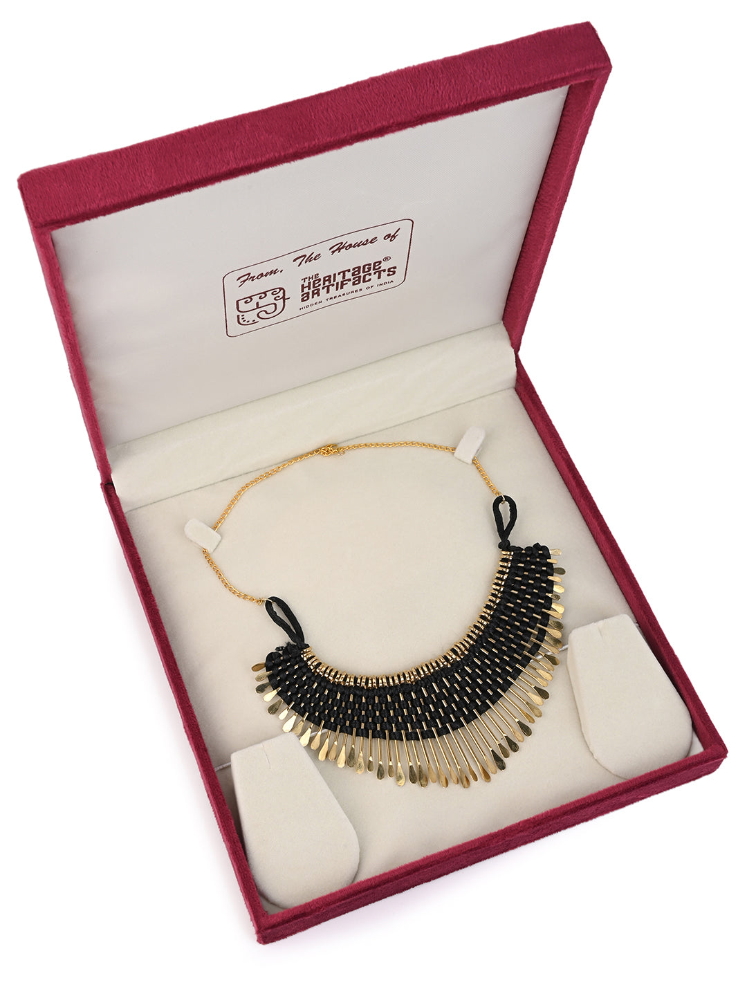 MAURYANA - Golden metal strands woven with black thread necklace - one size