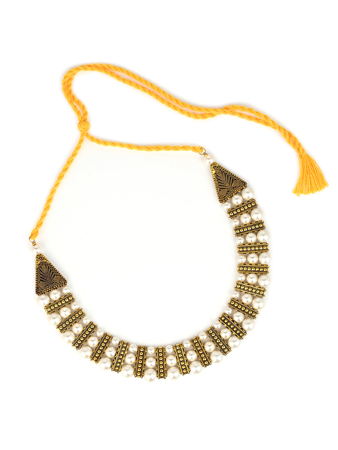 MAURYANA - White bead and golden metal necklace set with earrings - adjustable length