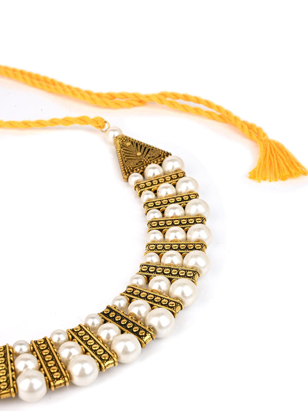 MAURYANA - White bead and golden metal necklace set with earrings - adjustable length
