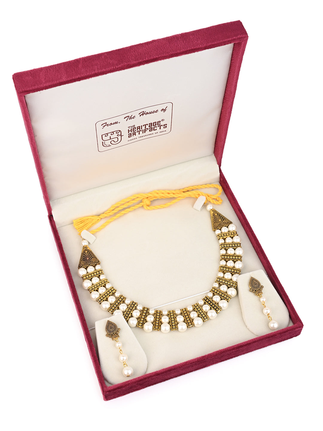 MAURYANA - White bead and golden metal necklace set with earrings - adjustable length