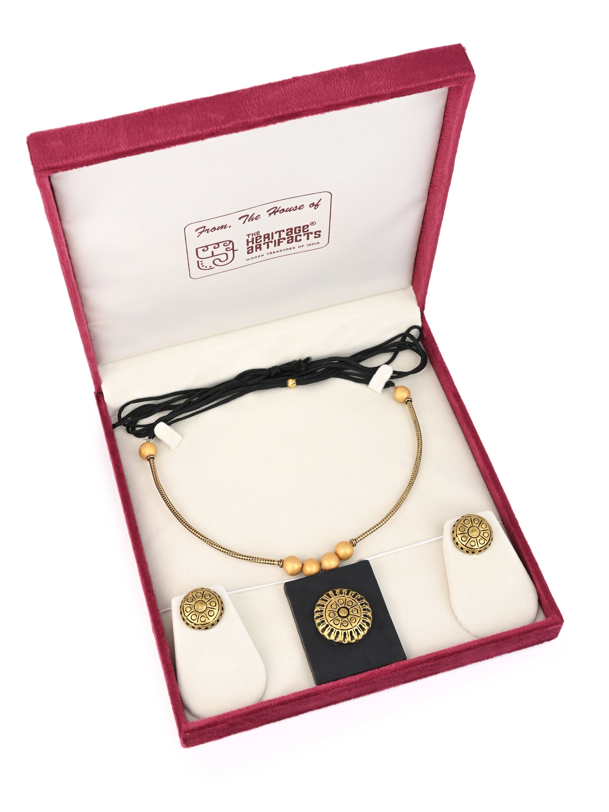 MAURYANA - Terracotta black and gold square pendant necklace set with earrings - adjustable length