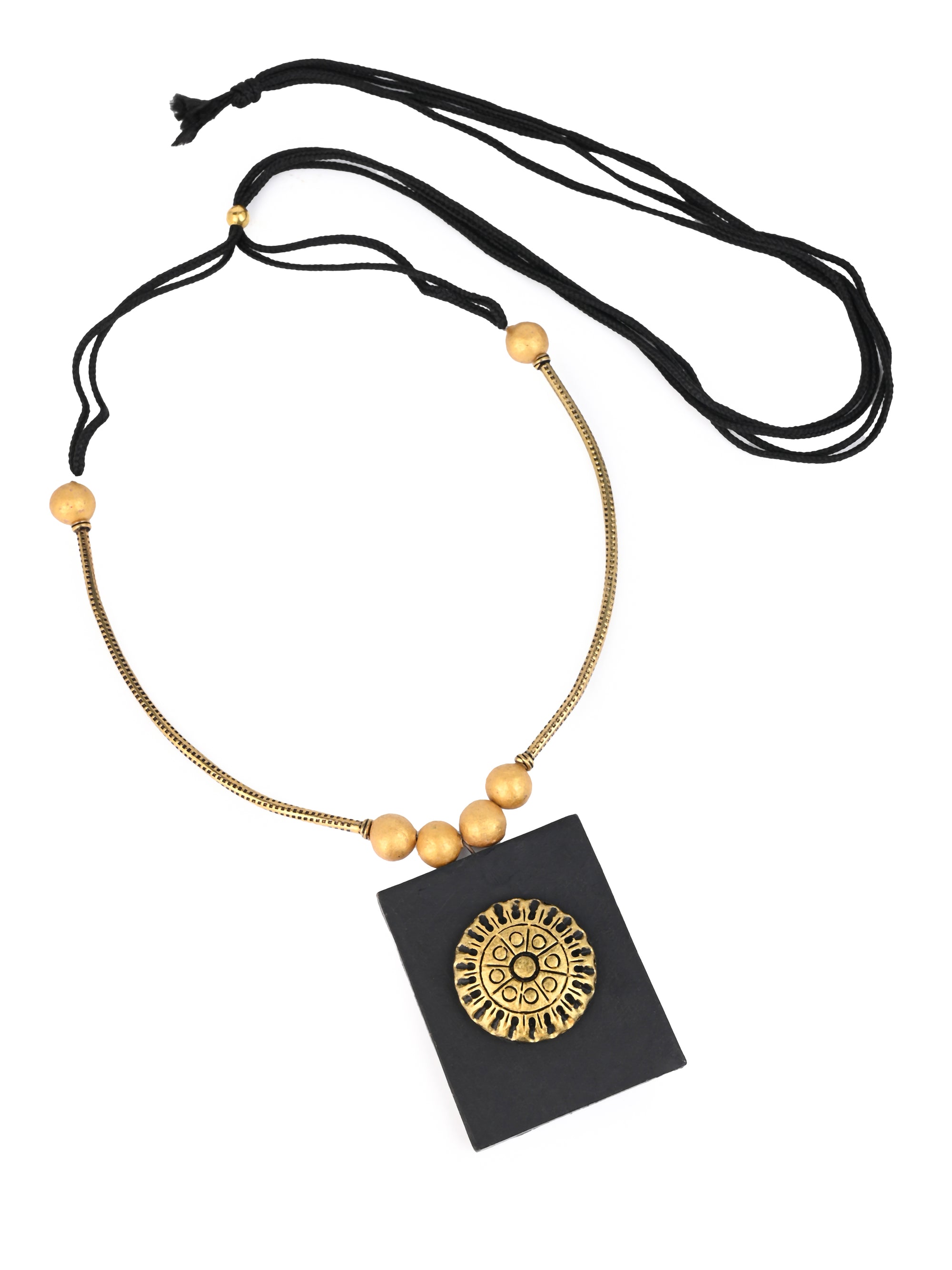 MAURYANA - Terracotta black and gold square pendant necklace set with earrings - adjustable length