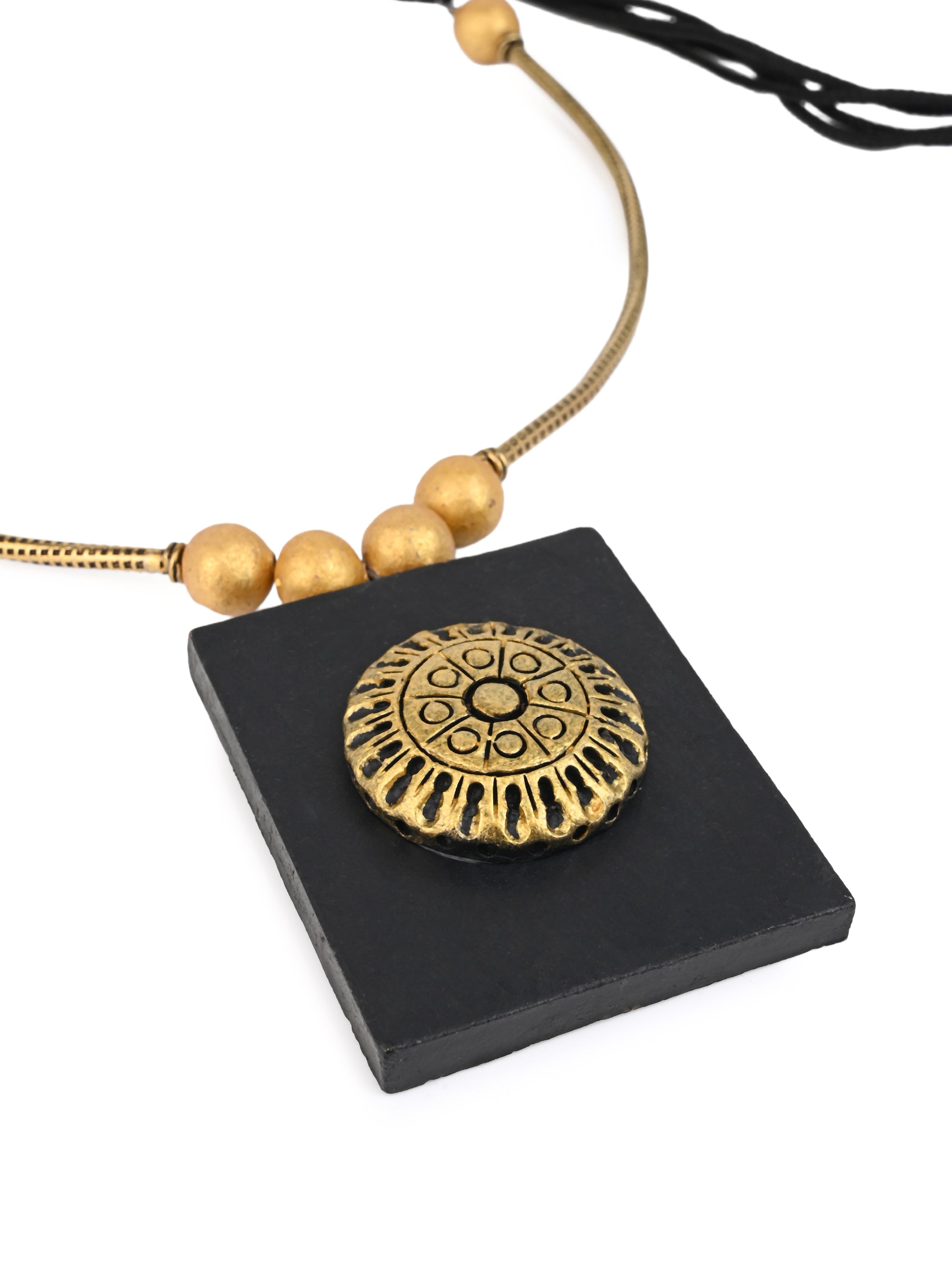 MAURYANA - Terracotta black and gold square pendant necklace set with earrings - adjustable length