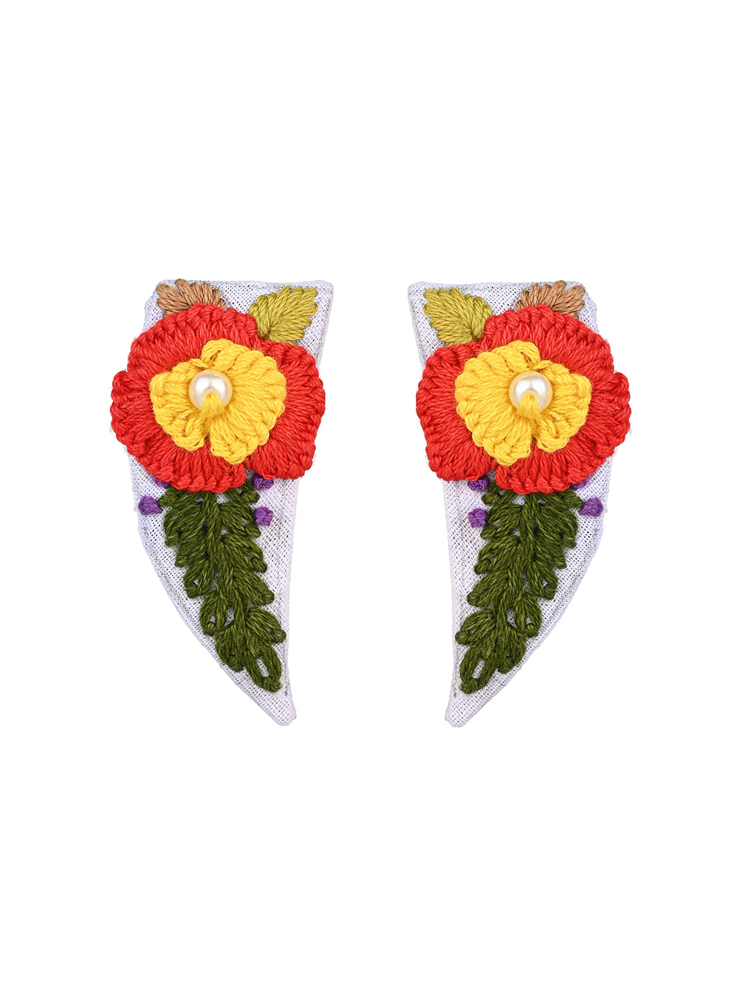 MAURYANA - Color flower pattern embroidered U shaped necklace set with earrings - adjustable length