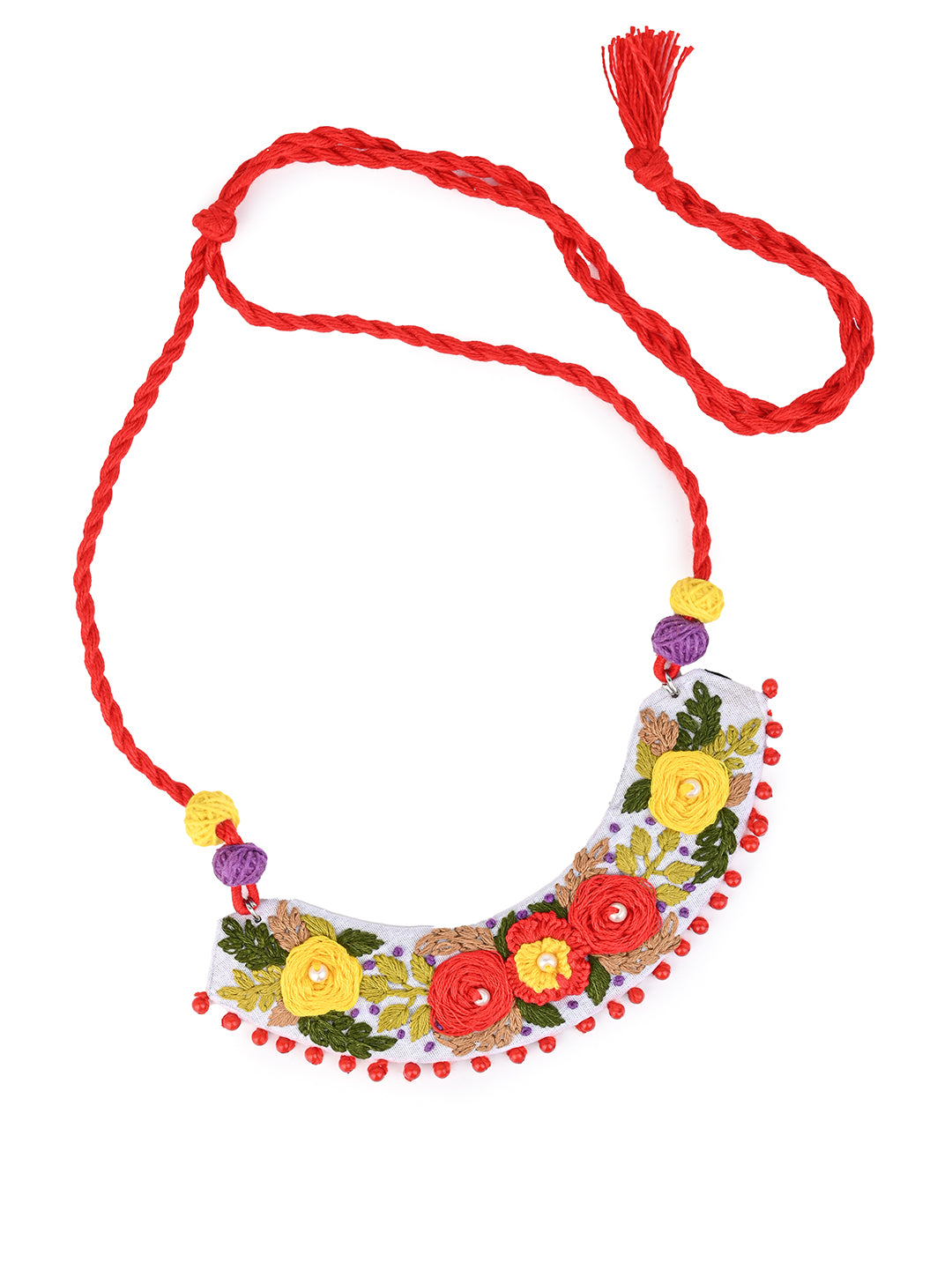 MAURYANA - Color flower pattern embroidered U shaped necklace set with earrings - adjustable length