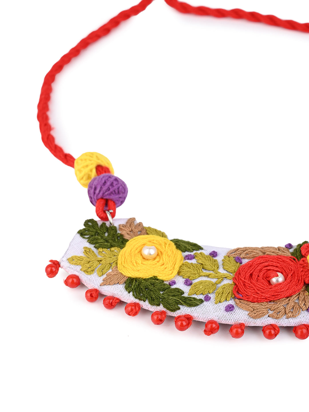 MAURYANA - Color flower pattern embroidered U shaped necklace set with earrings - adjustable length