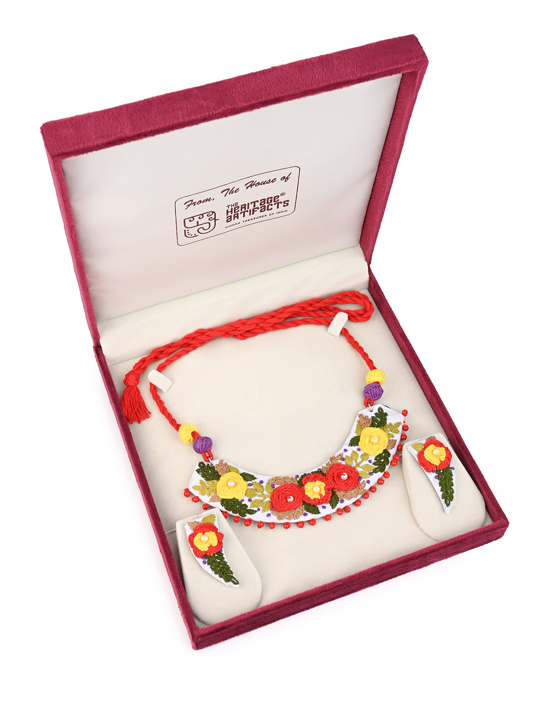 MAURYANA - Color flower pattern embroidered U shaped necklace set with earrings - adjustable length