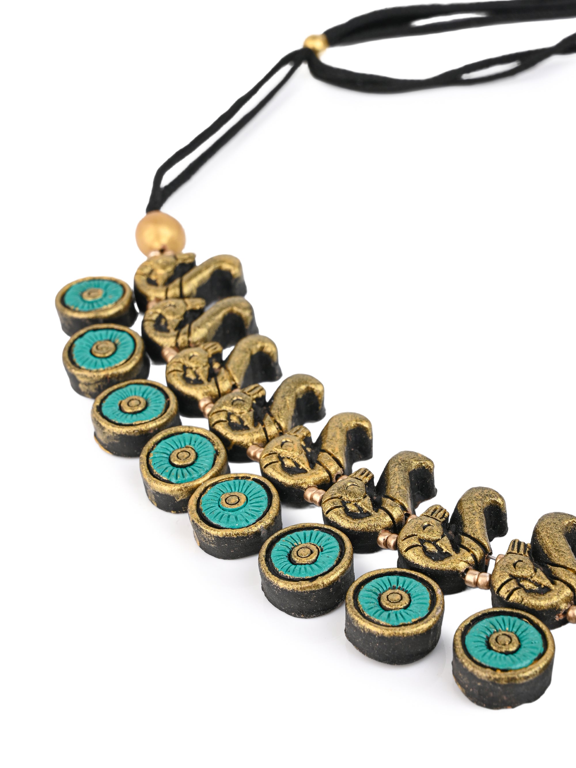 MAURYANA - Terracotta blue and gold peacock design necklace set with earrings - adjustable length