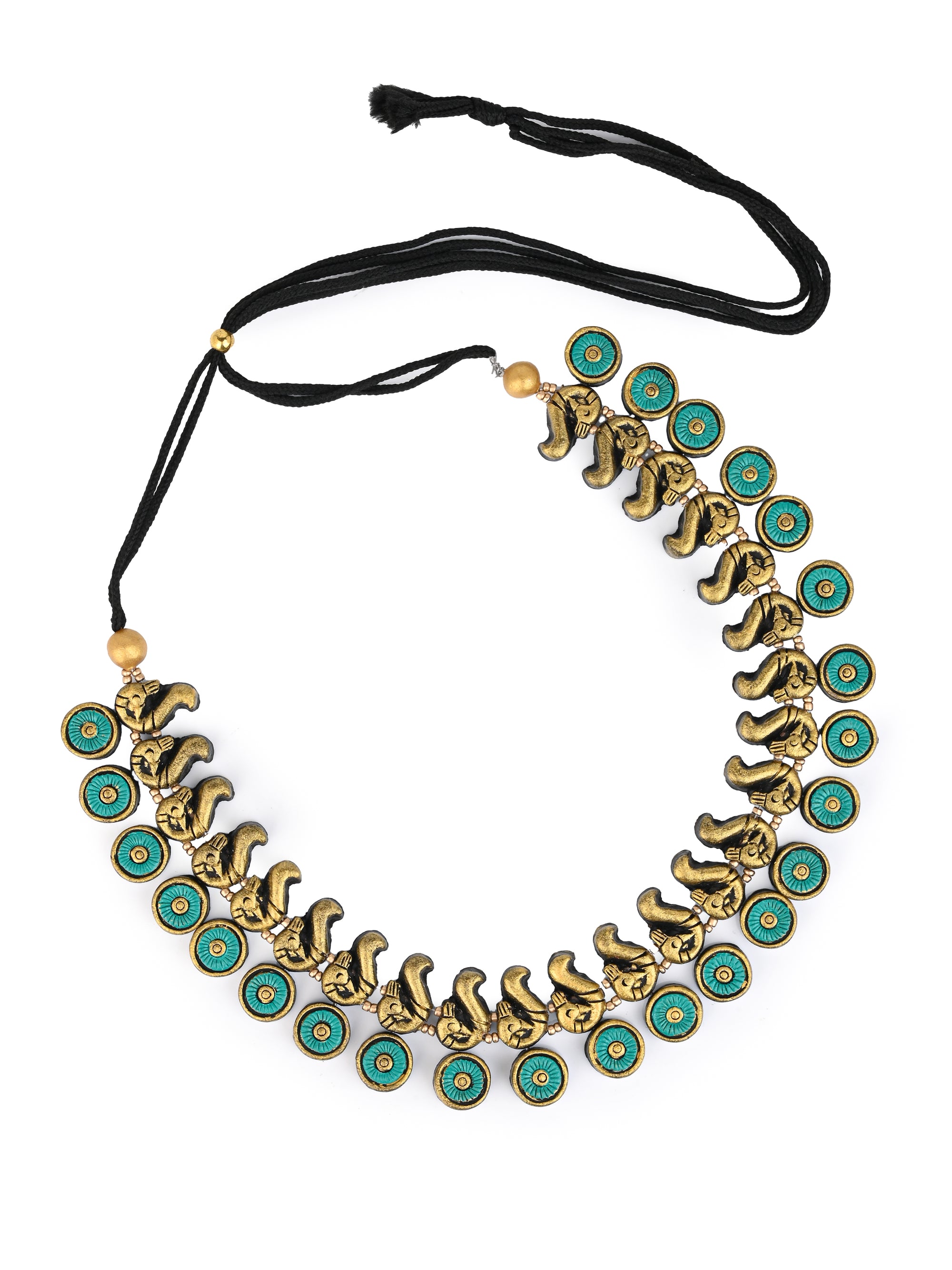 MAURYANA - Terracotta blue and gold peacock design necklace set with earrings - adjustable length