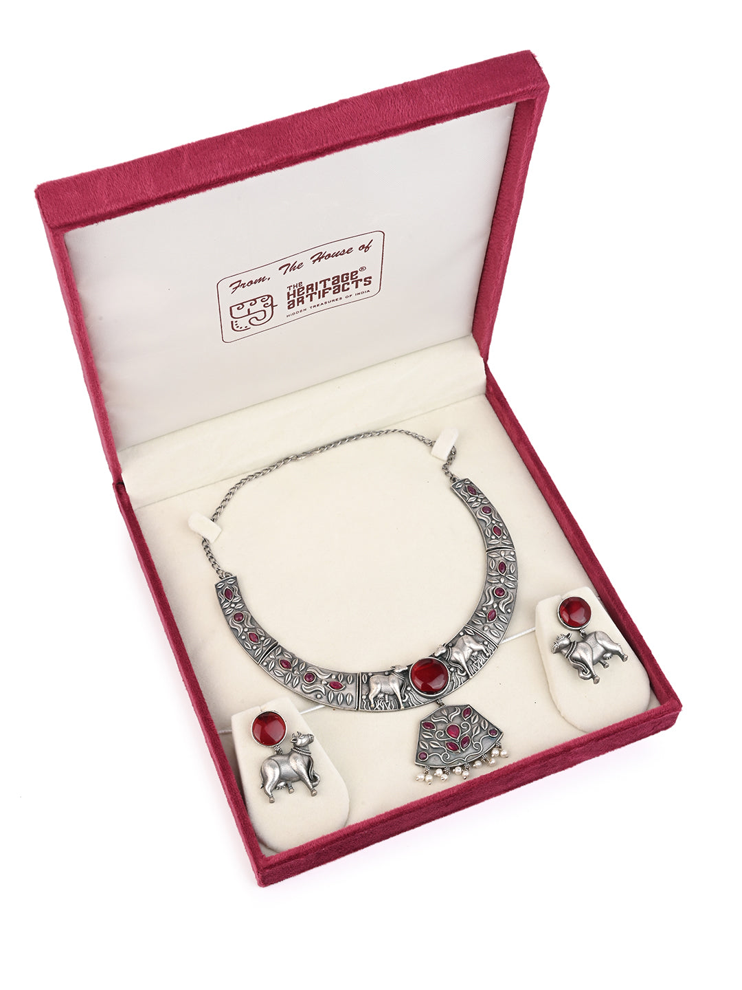 MAURYANA - Oxidsed silver red stone studded hasuli necklace set with earrings - one size