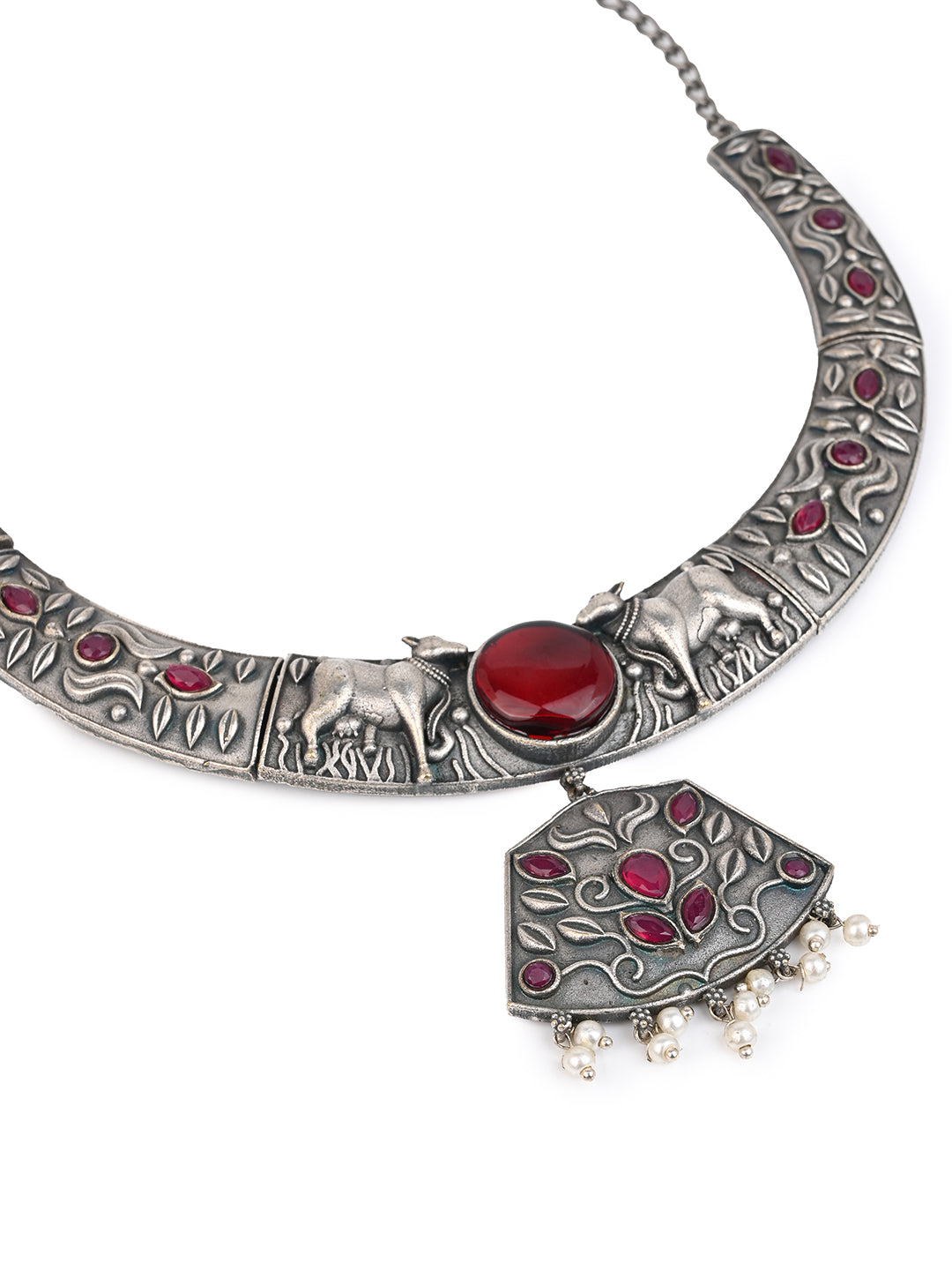 MAURYANA - Oxidsed silver red stone studded hasuli necklace set with earrings - one size