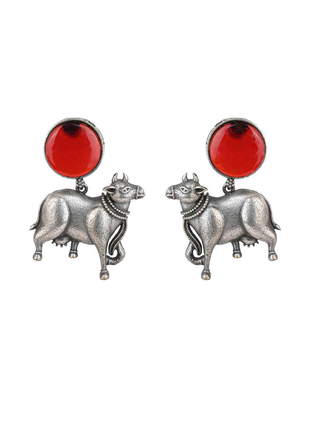 MAURYANA - Oxidsed silver red stone studded hasuli necklace set with earrings - one size