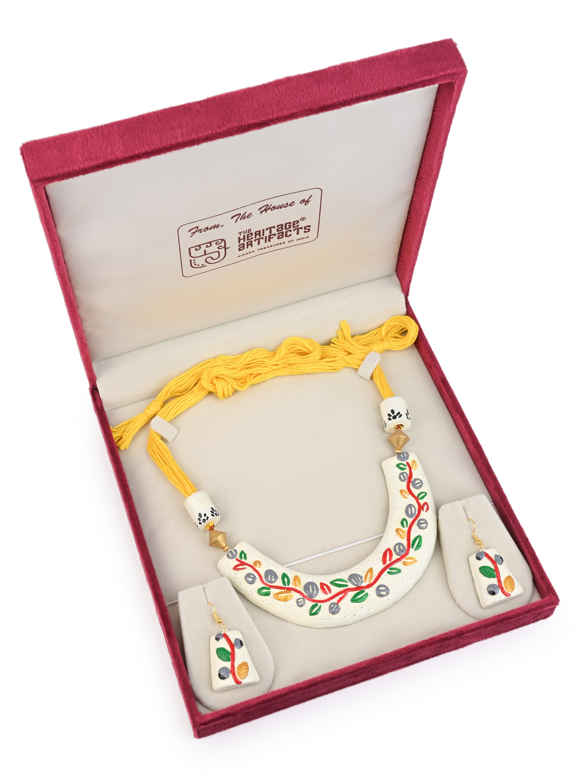 MAURYANA - Terracotta off white half moon shaped necklace set with earrings - adjustable length