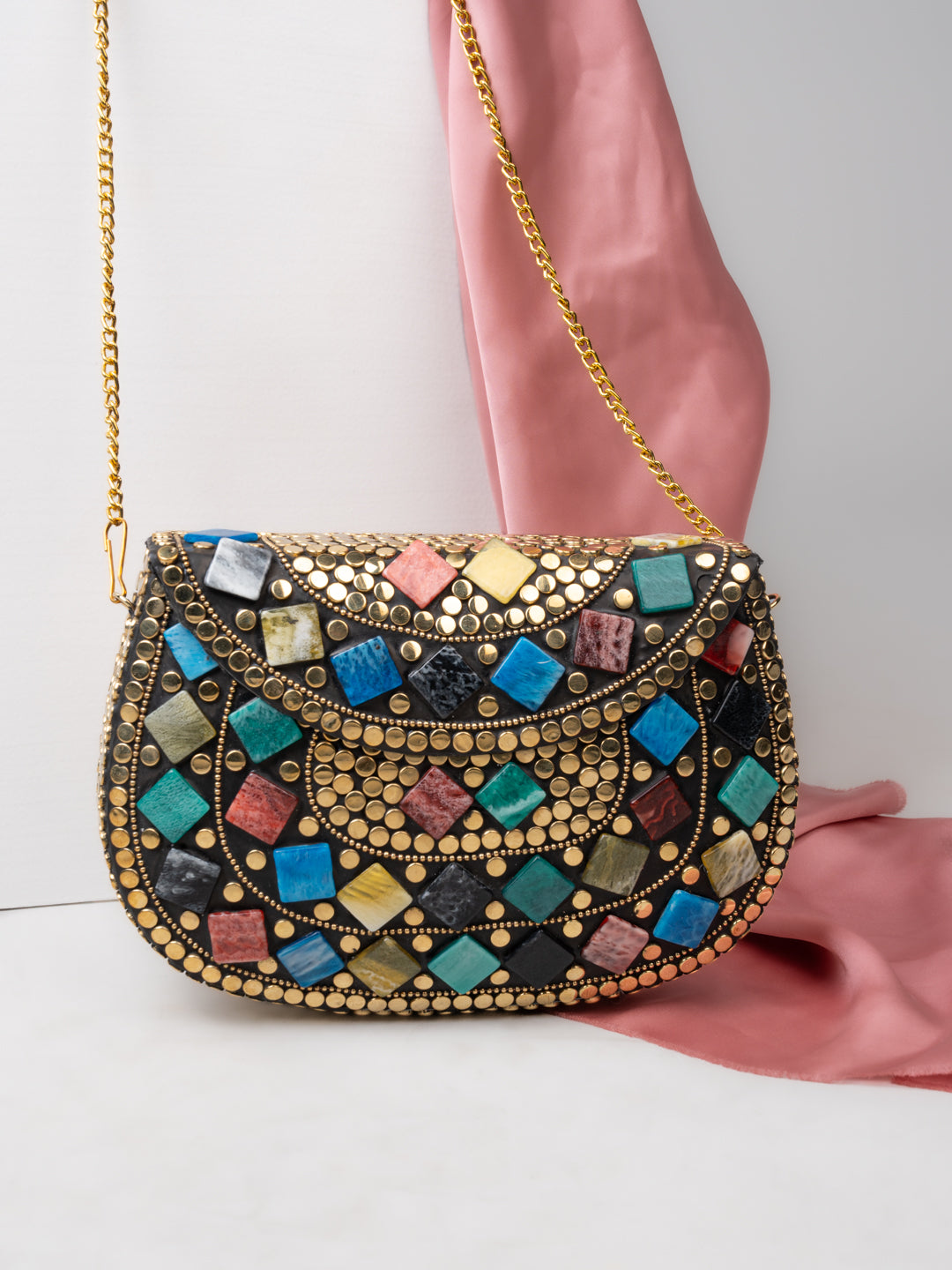 Brass and colorful stones crafted luxury metal clutch