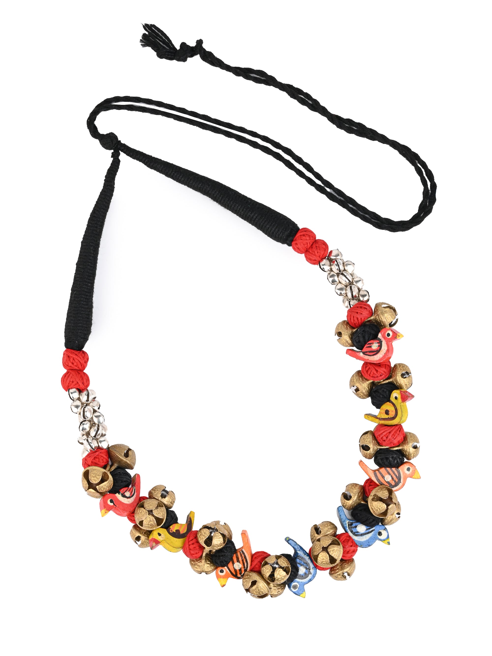 MAURYANA - Colorful fabric and bells necklace set with earrings - adjustable length