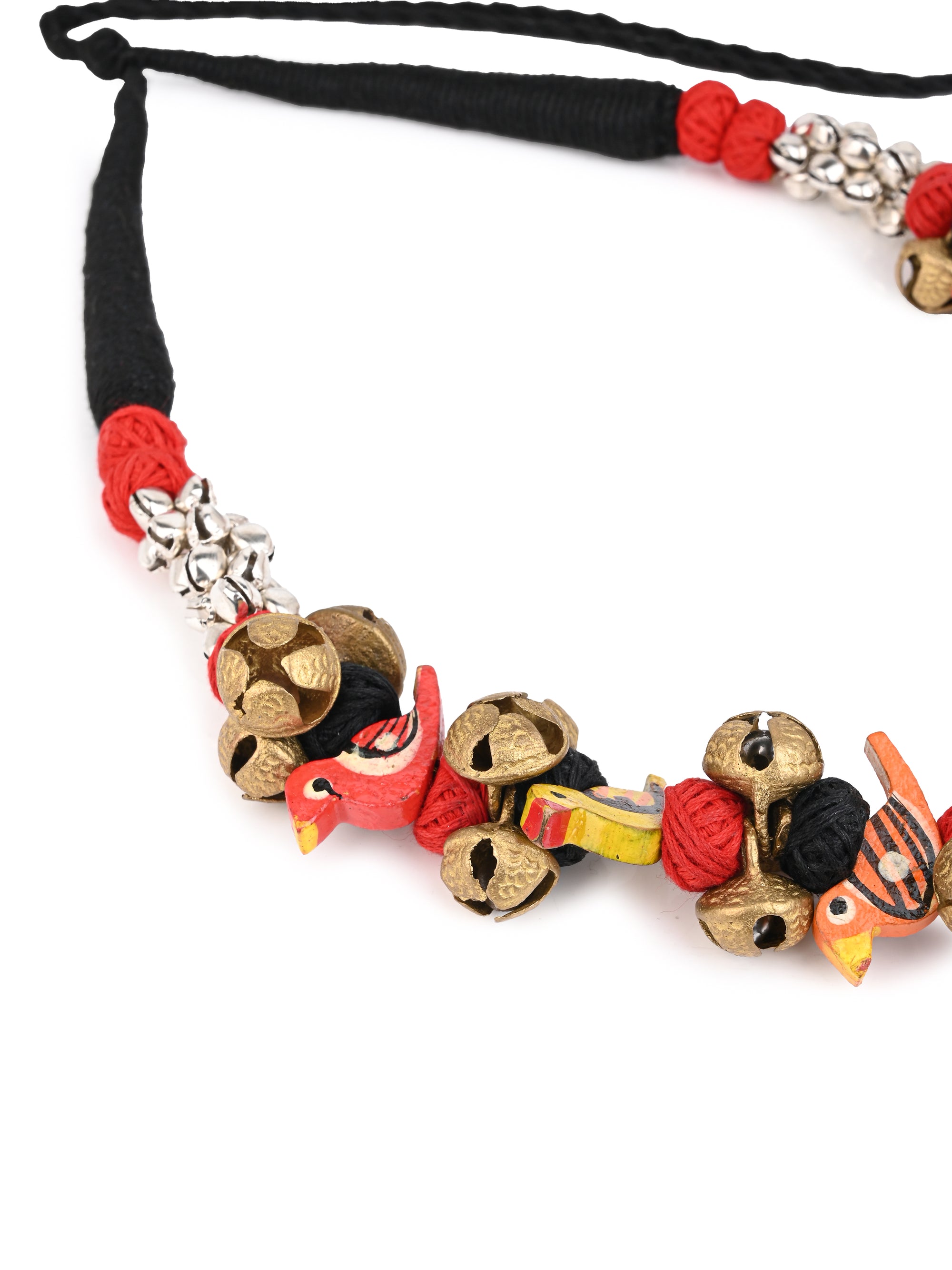 MAURYANA - Colorful fabric and bells necklace set with earrings - adjustable length