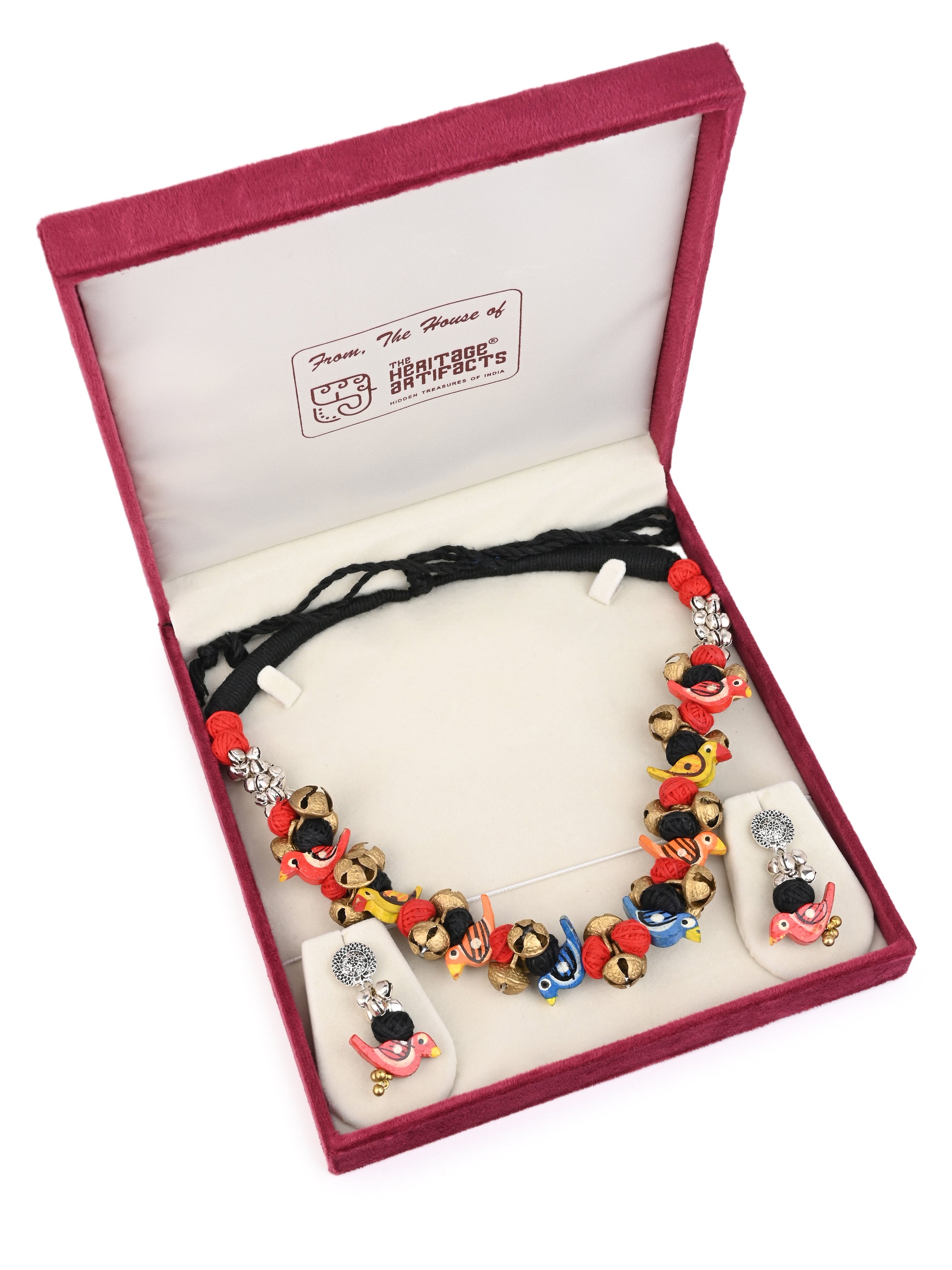 MAURYANA - Colorful fabric and bells necklace set with earrings - adjustable length
