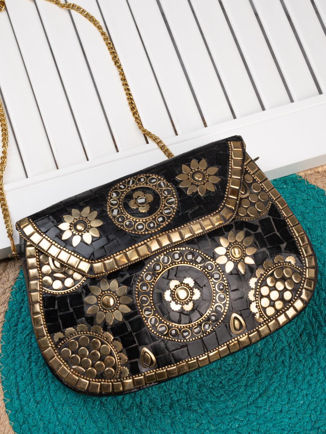 Brass and black mosaic royal design clutch bag