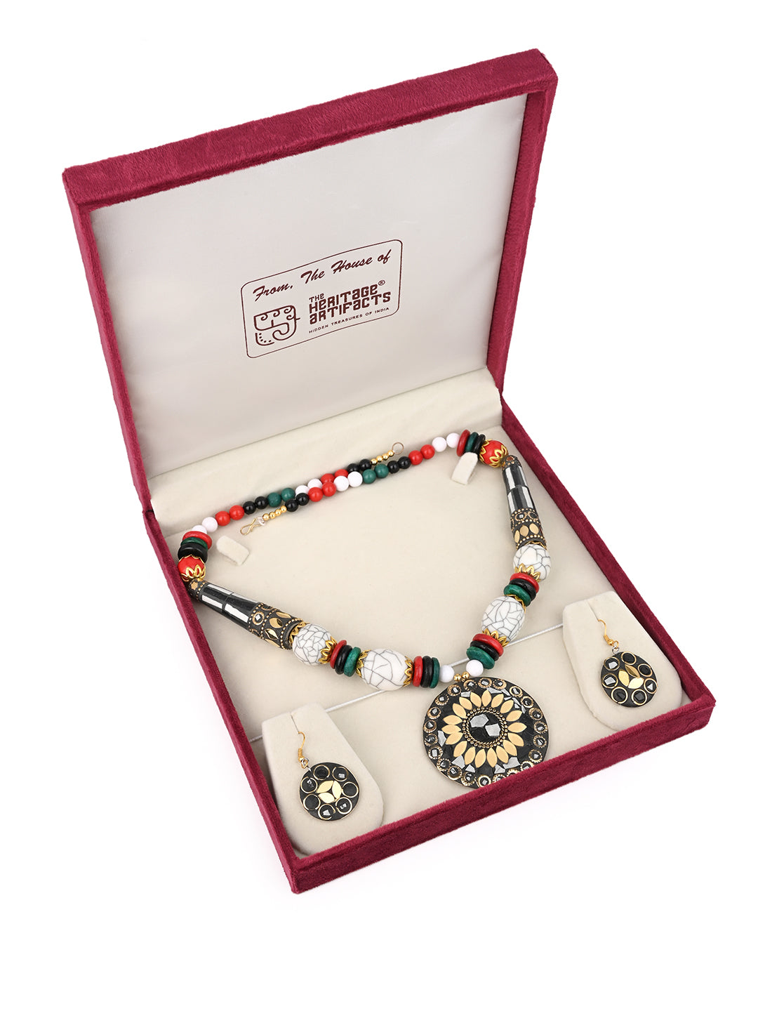 MAURYANA - Colorful beaded necklace with metal pendant and earrings - one size