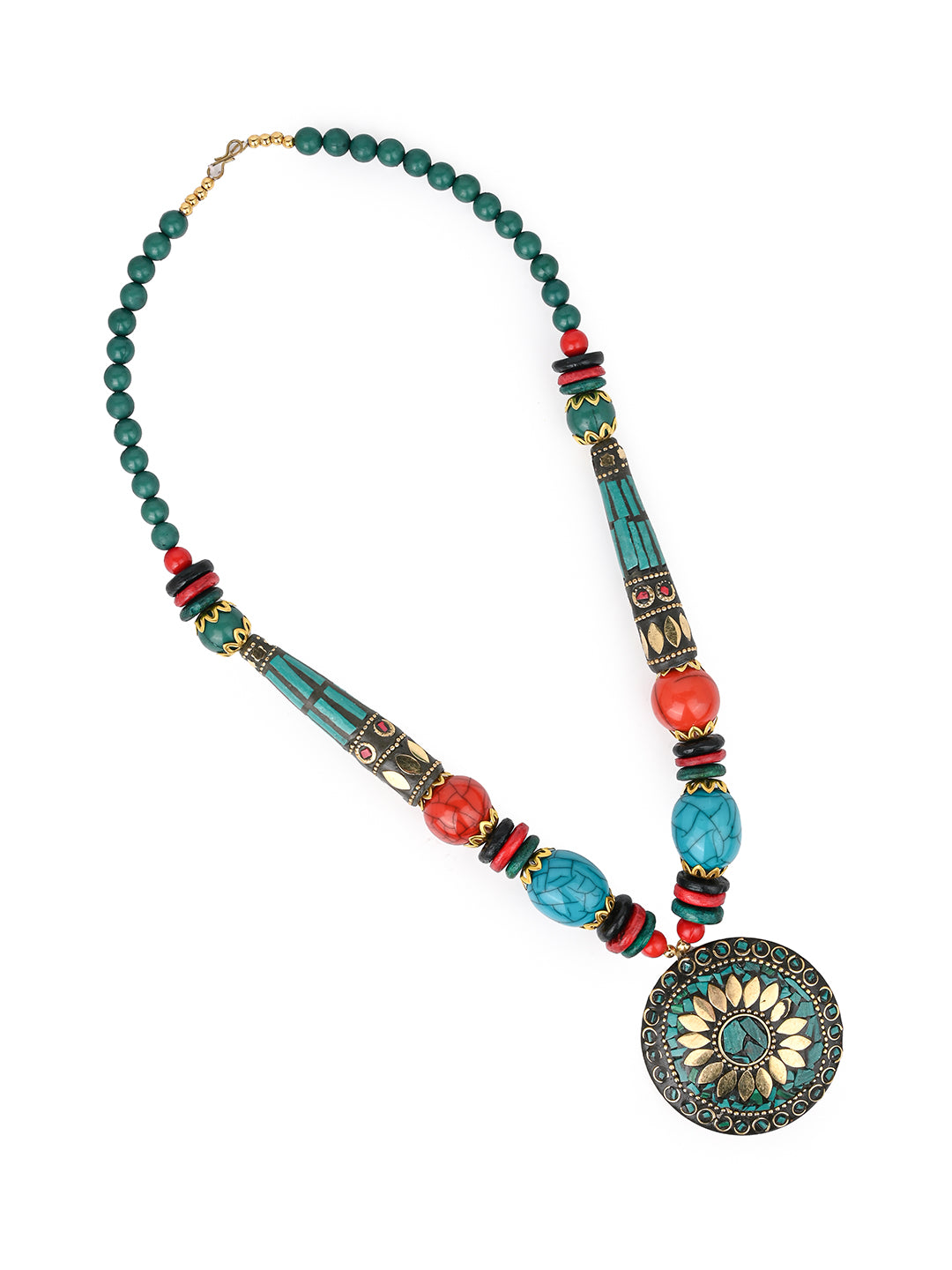 MAURYANA - Colorful beaded necklace with metal pendant and earrings - one size