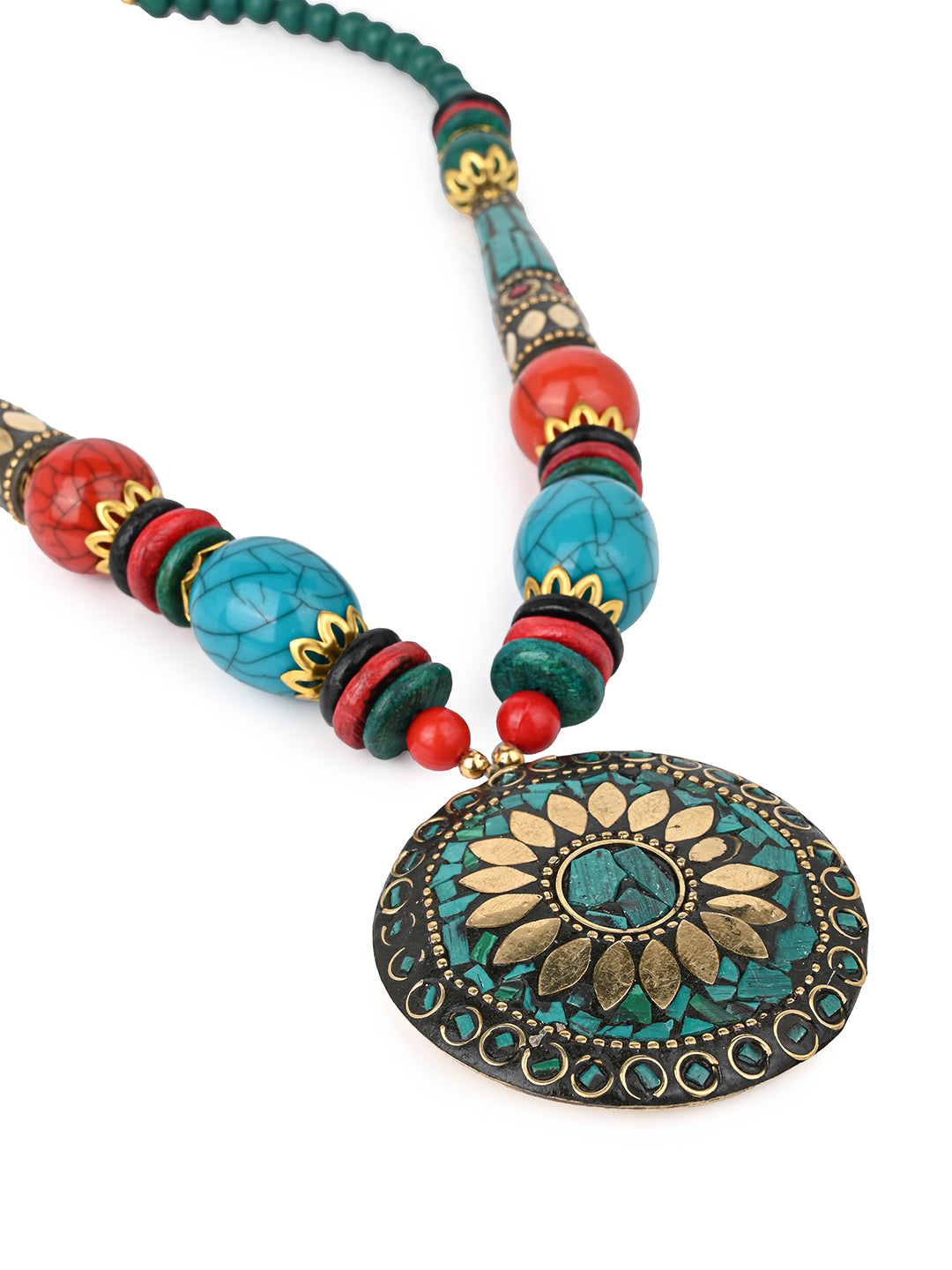 MAURYANA - Colorful beaded necklace with metal pendant and earrings - one size