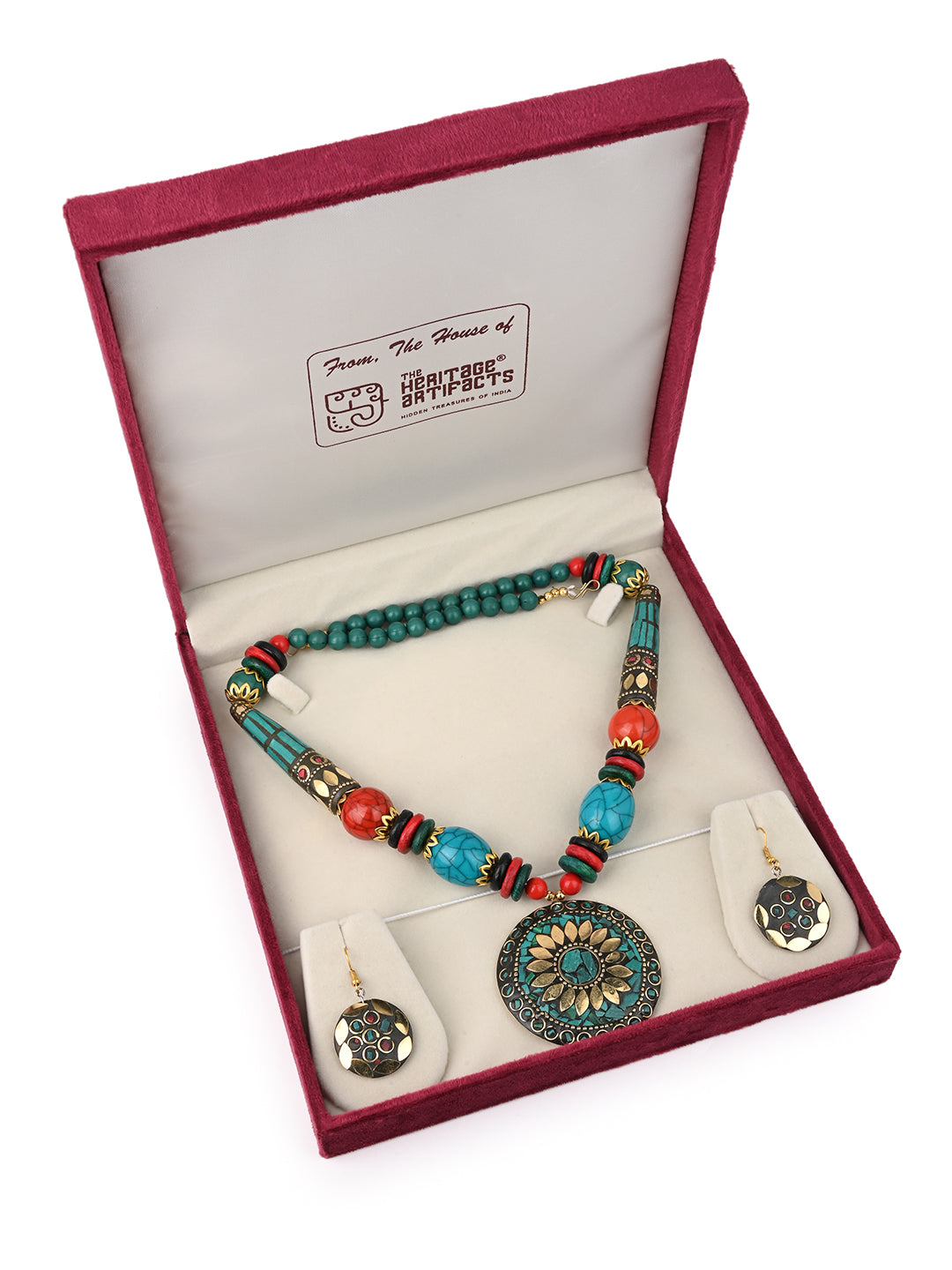 MAURYANA - Colorful beaded necklace with metal pendant and earrings - one size
