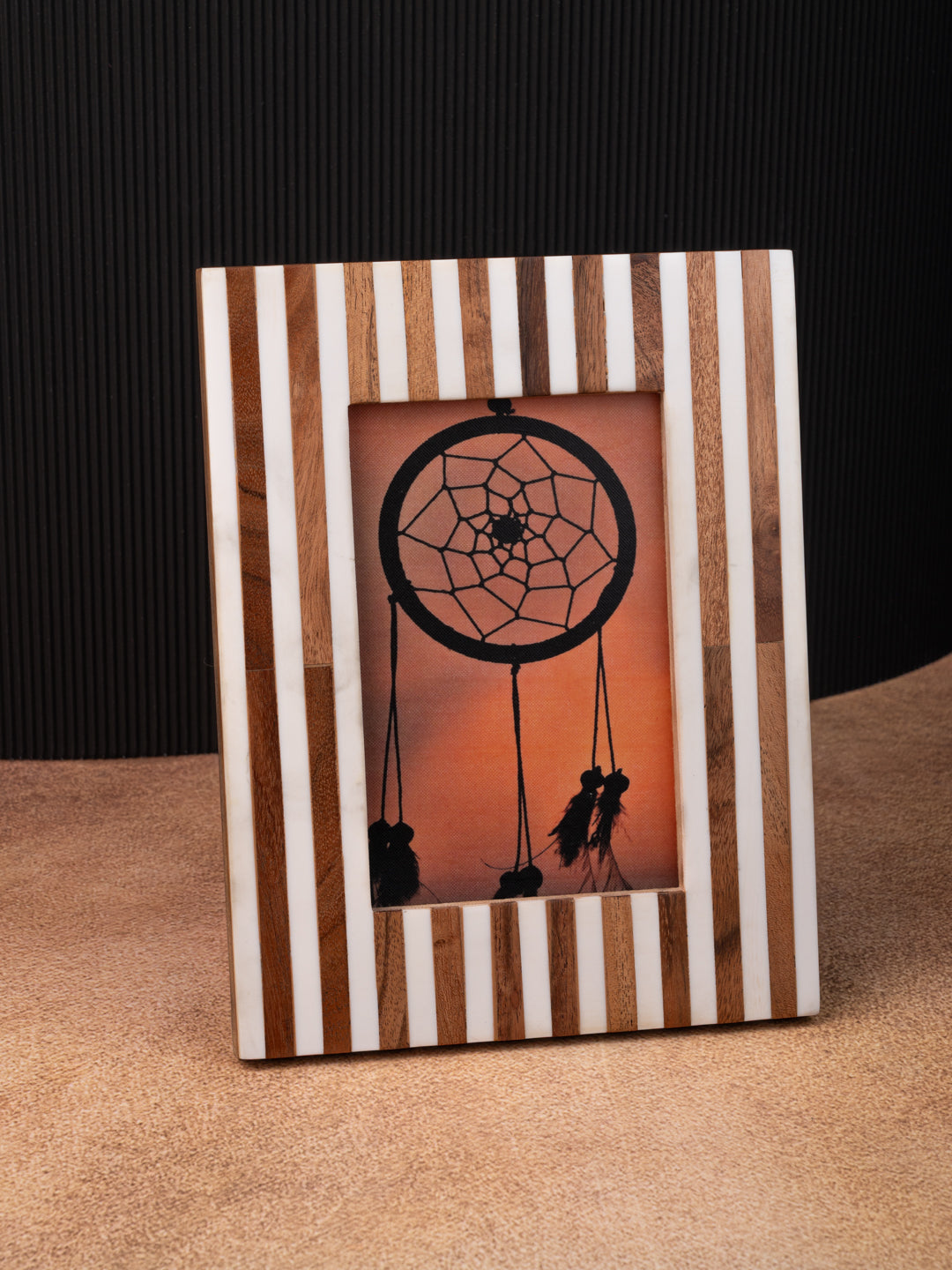Horn and wood crafted brown and white vertical stripes photo frame - 6x8 inches