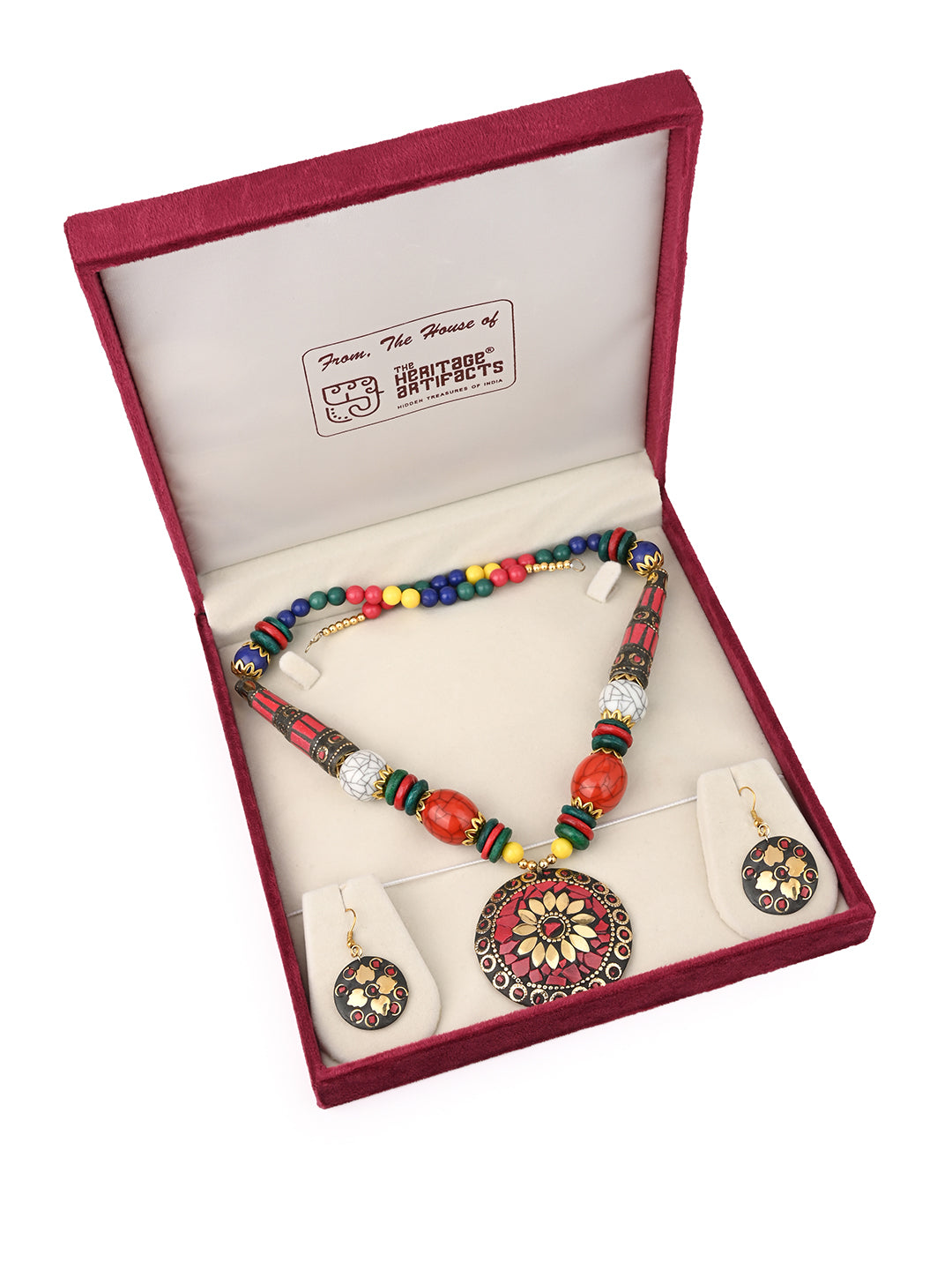 MAURYANA - Colorful beaded necklace with metal pendant and earrings - one size