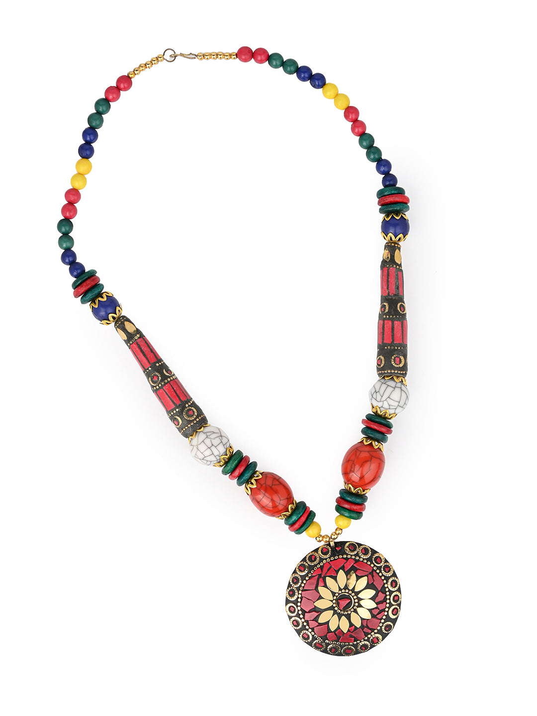 MAURYANA - Colorful beaded necklace with metal pendant and earrings - one size