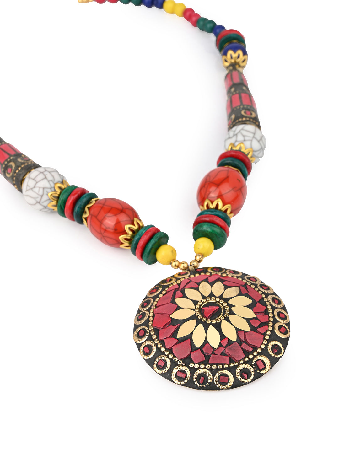 MAURYANA - Colorful beaded necklace with metal pendant and earrings - one size