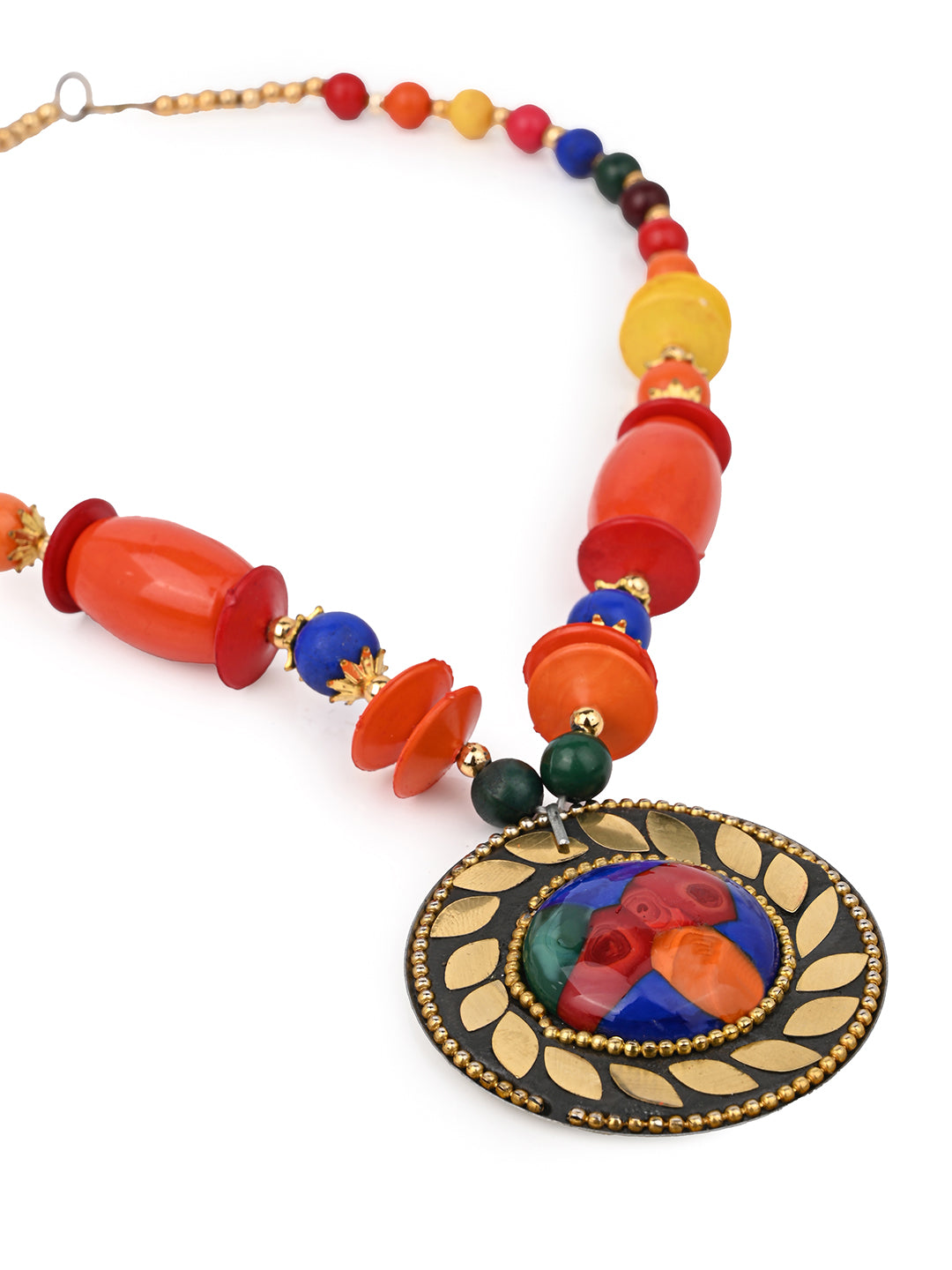 MAURYANA- Colorful beaded necklace with metal pendant and earrings - one size