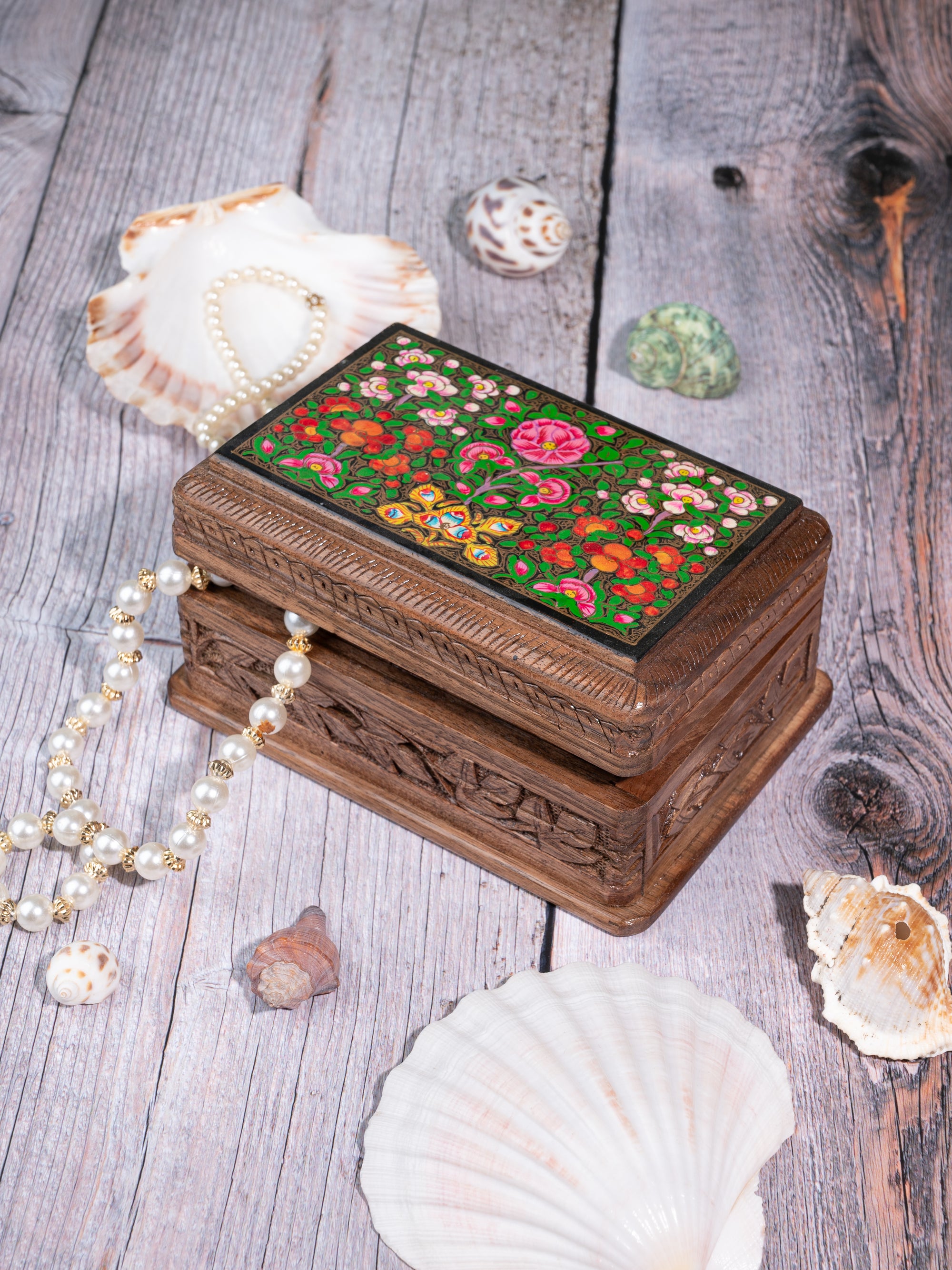 Walnut Wood Carved Secret Lock Storage Box with Paper Mache Design on Top - 6 inches