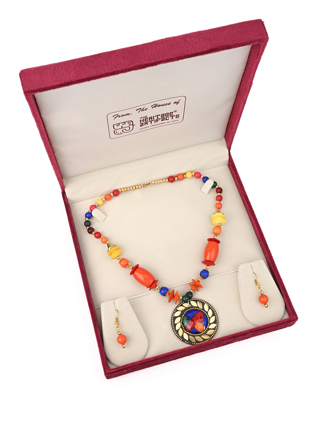 MAURYANA- Colorful beaded necklace with metal pendant and earrings - one size