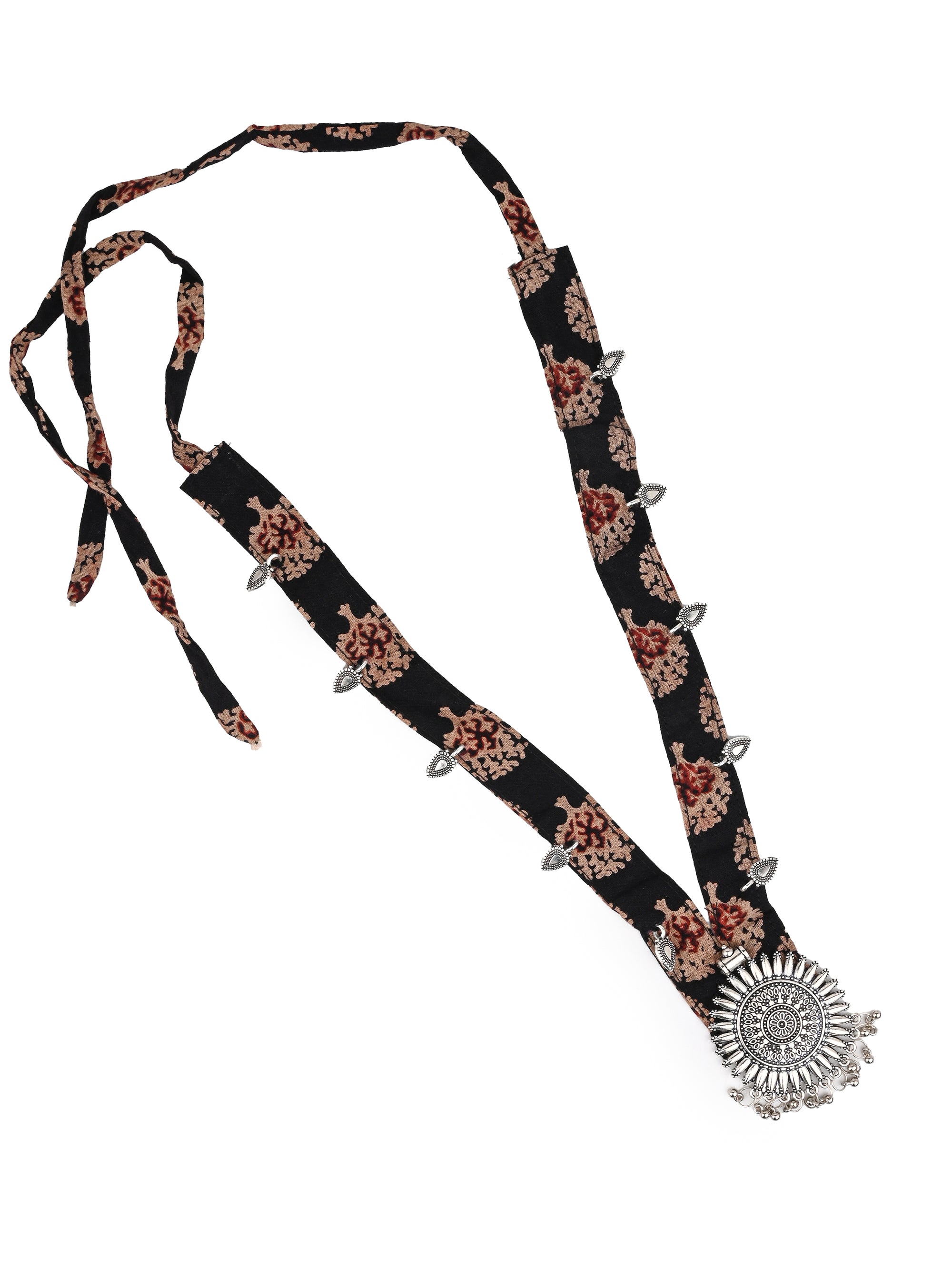 MAURYANA - Fabric lace with metal medallion pendant necklace set with earrings - adjustable length