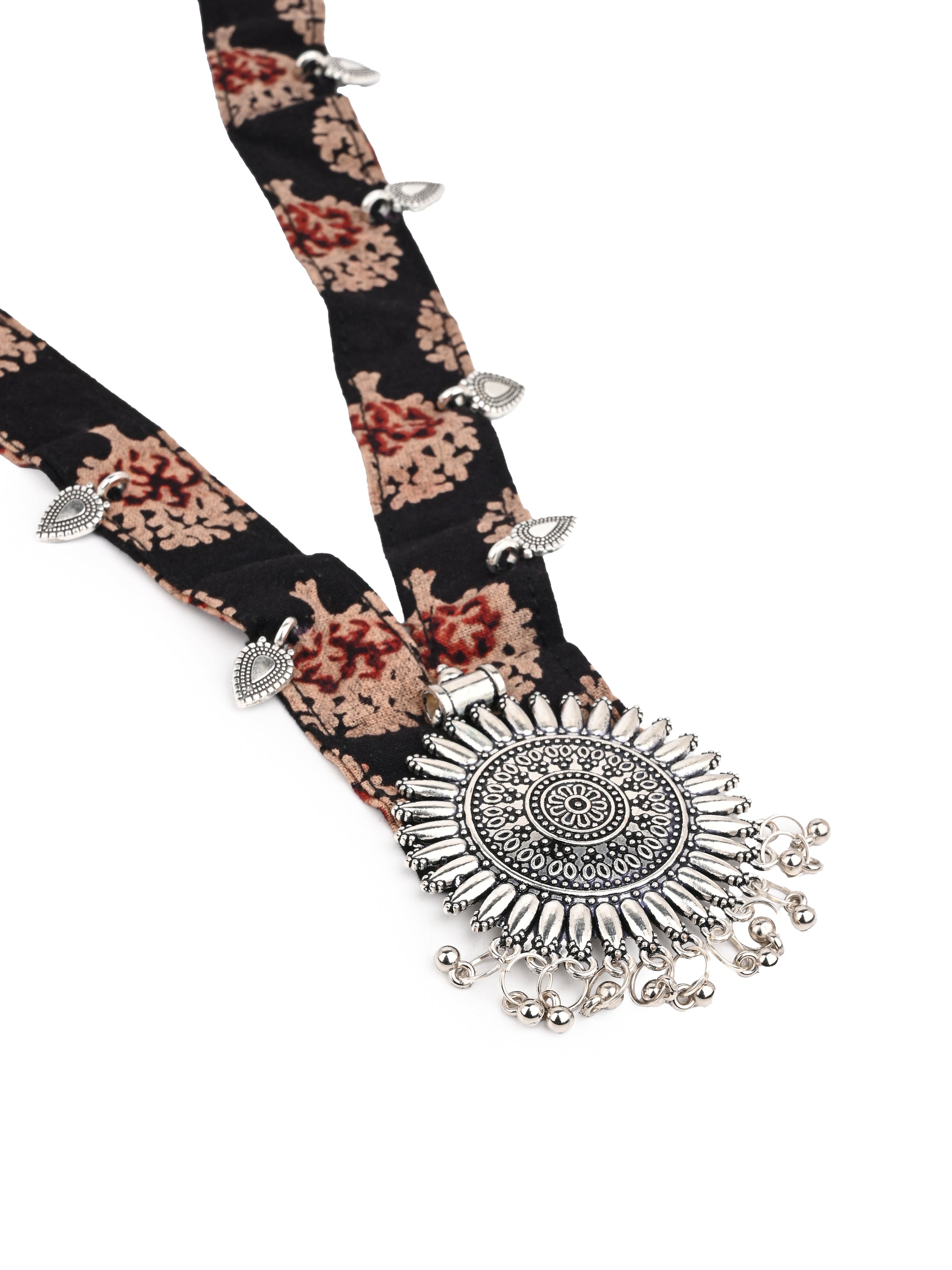 MAURYANA - Fabric lace with metal medallion pendant necklace set with earrings - adjustable length