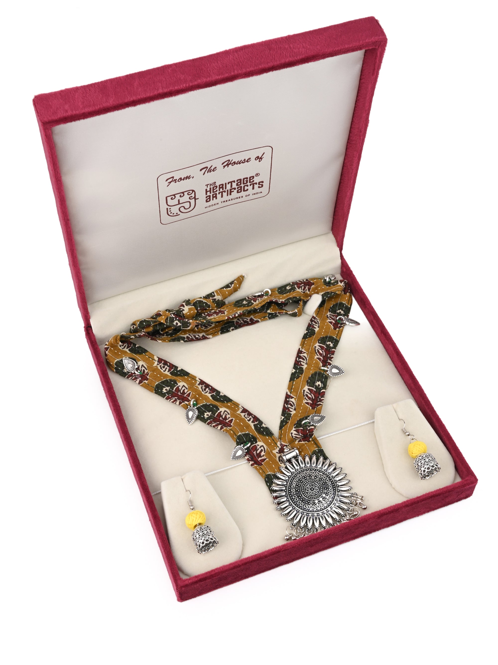 MAURYANA - Fabric lace with metal medallion pendant necklace set with earrings - adjustable length