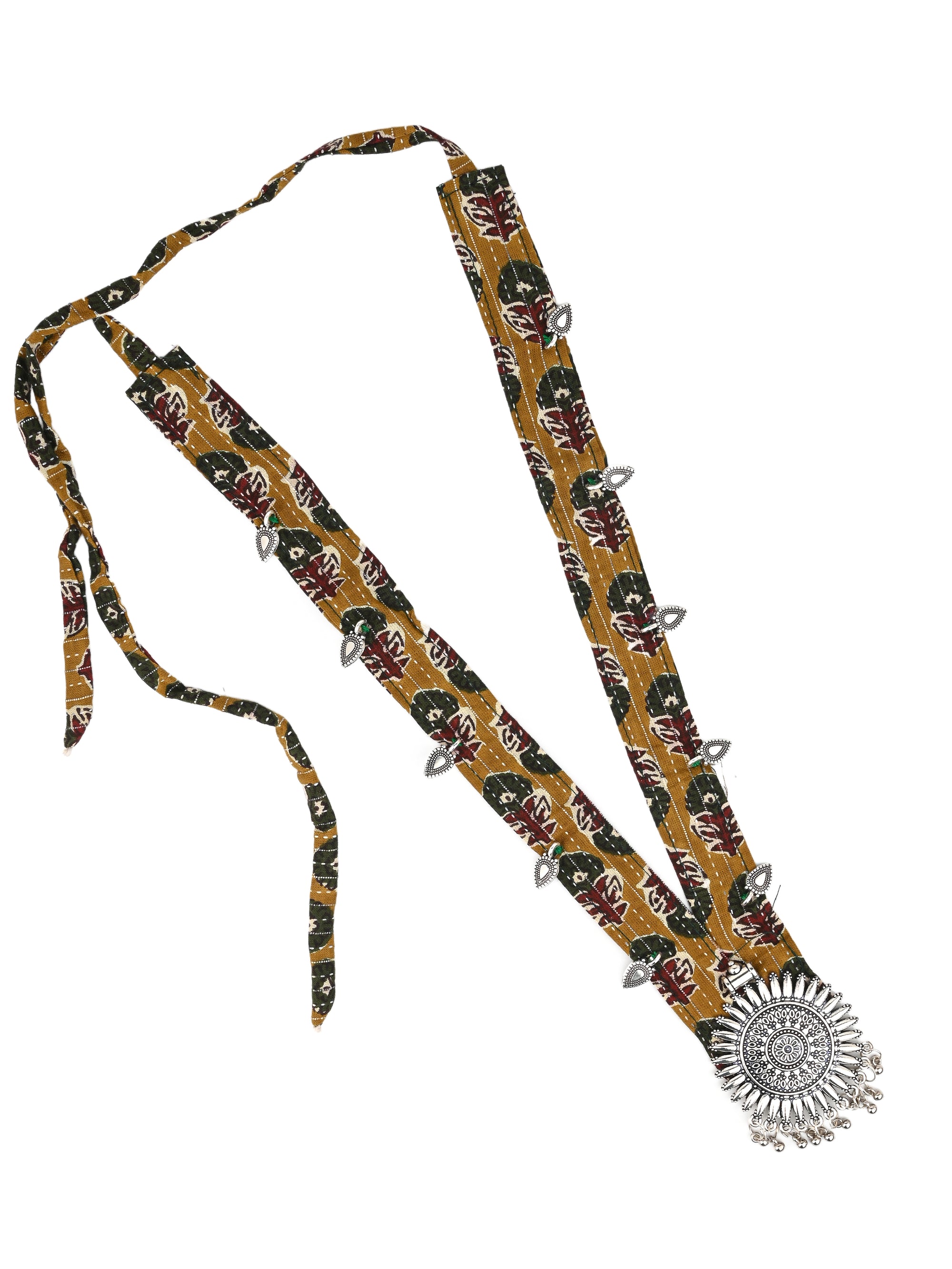MAURYANA - Fabric lace with metal medallion pendant necklace set with earrings - adjustable length
