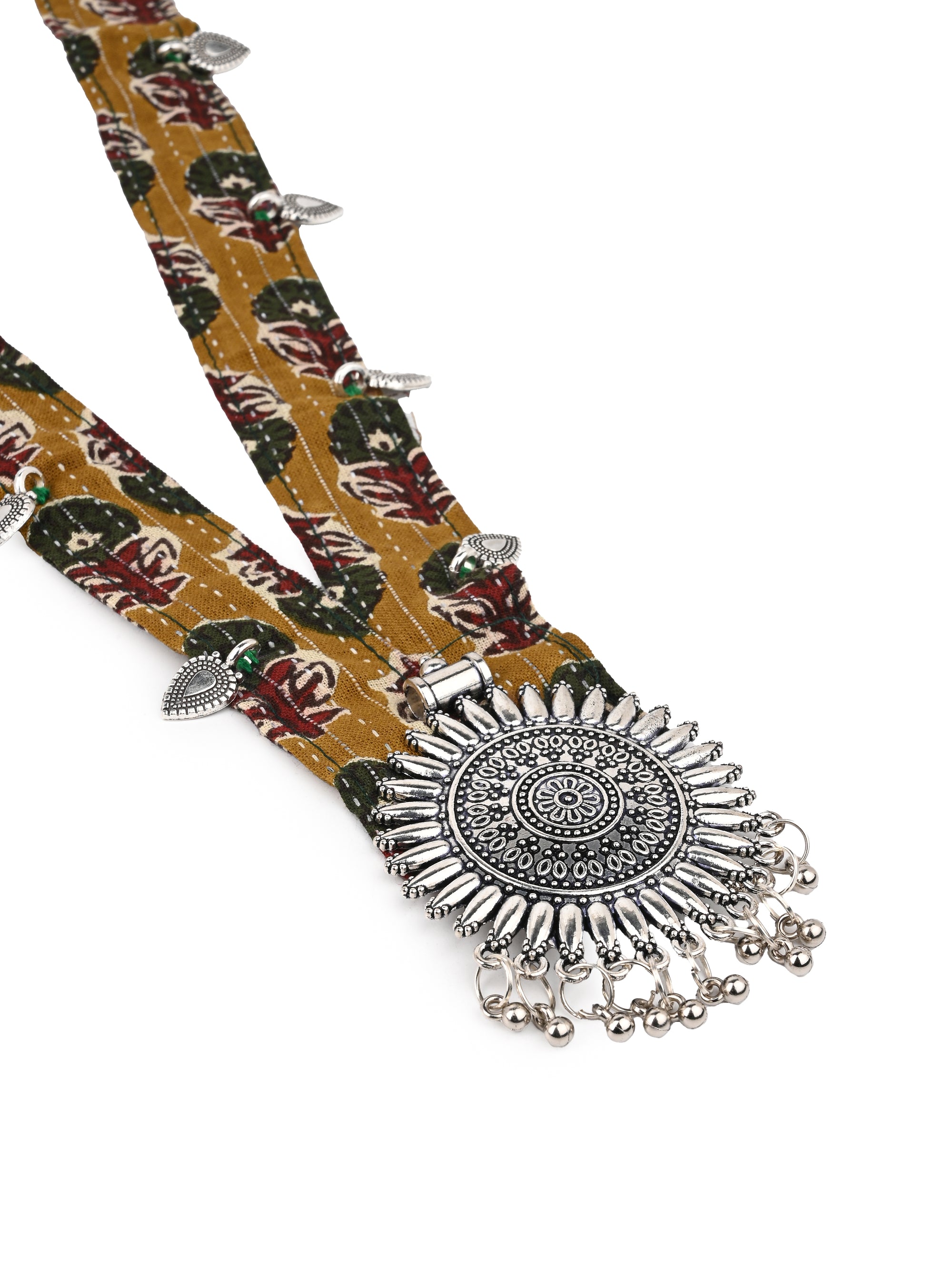 MAURYANA - Fabric lace with metal medallion pendant necklace set with earrings - adjustable length